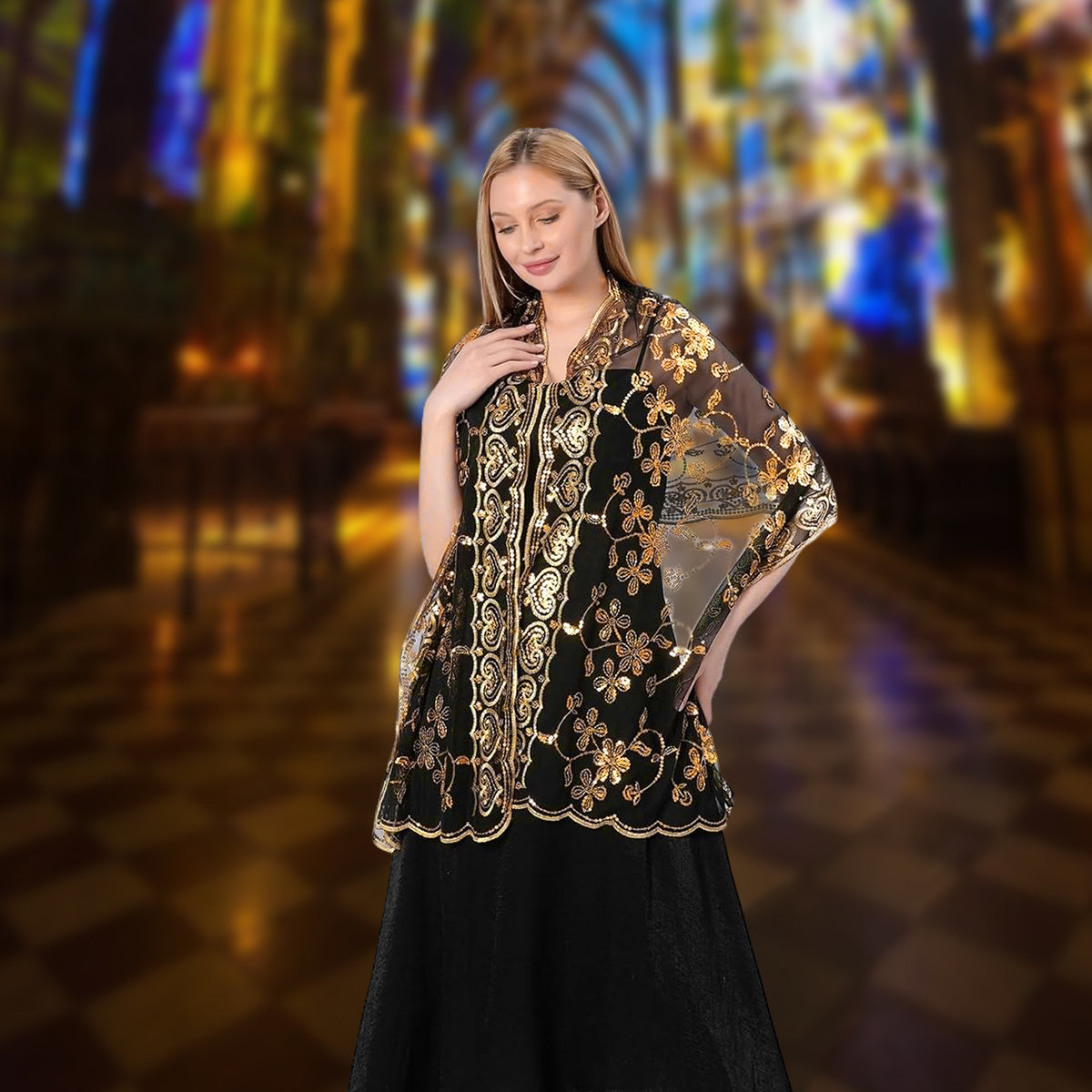 SANNIDHI Shawl for Women, Embroidery Wraps for Evening Dresses, Floral Sequin Formal Shawl Wrap, Luxurious Sheer Long Lace Shawl for Ladies Wedding, Party (190x60cm)
