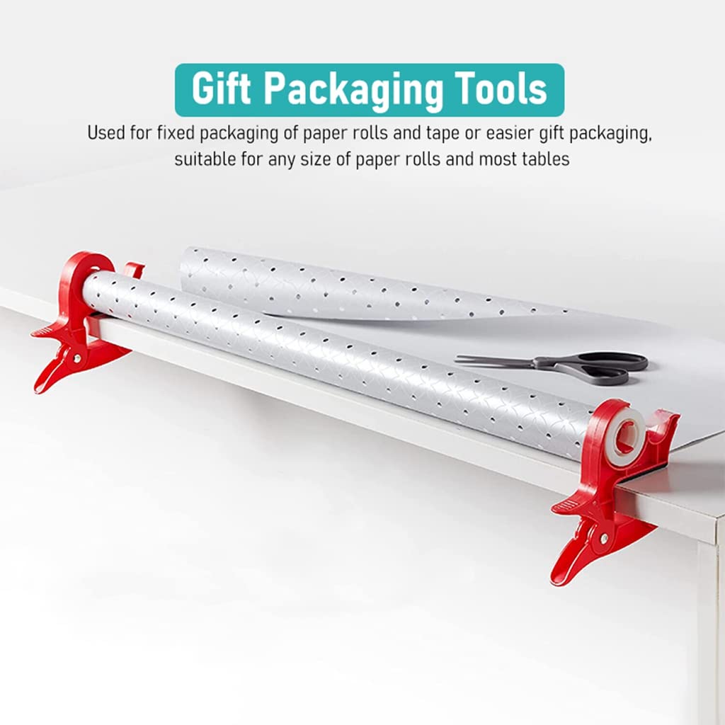 Serplex 2Pcs Tape Dispenser, Tabletop Gift Wrapping Tool, Two Clamp Tape Dispenser to Secure Your Wrapping Paper Roll & Tape or Easier Gift Wrapping, Fits Any Size Roll & Most Tables, Red