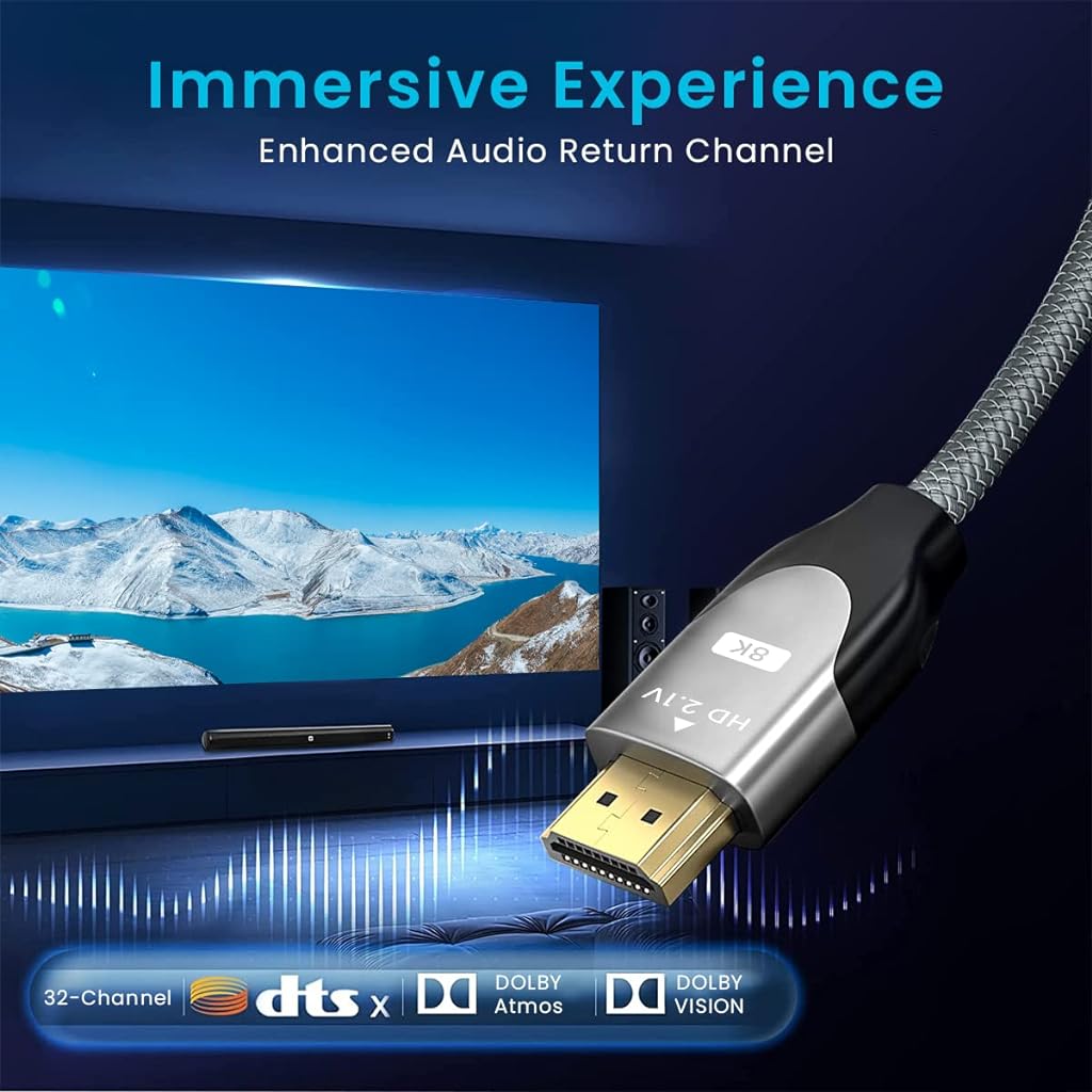 Verilux 8K HDMI 2.1 Cable 6.6FT/2m,48Gbps High Speed Braided HDMI Cord 4Ka120Hz 8Ka60Hz,HDCP 2.2&2.3,eARC,HDR10,Dynamic HDR Compatible with Blu-ray/PlayStation 5/Xbox Series X/Projector/Laptop,Black