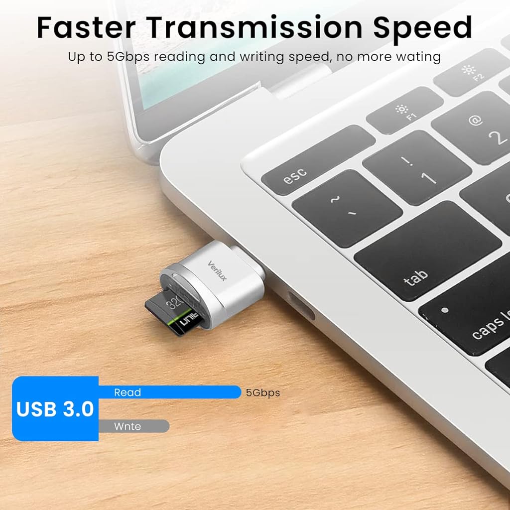 Verilux Micro SD Card Reader Mini Type C Card Reader TF Card Reader with Keychain USB C to Micro SD SDHC SDXC OTG Memory Card Reader Compatible with Laptops, MacBook, Samsung Galaxy Note 20 - Silver