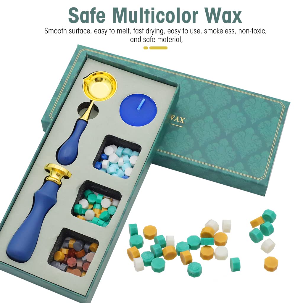 HASTHIP Wax Seal Stamp Gift Box Set, Sealing Wax Stamps with Brass Head for Cards Envelopes, Includes Wax Beads, Candles, Wax Melting Spoon, Wooden Handle Stamp, Fine Gift Box (Blue)