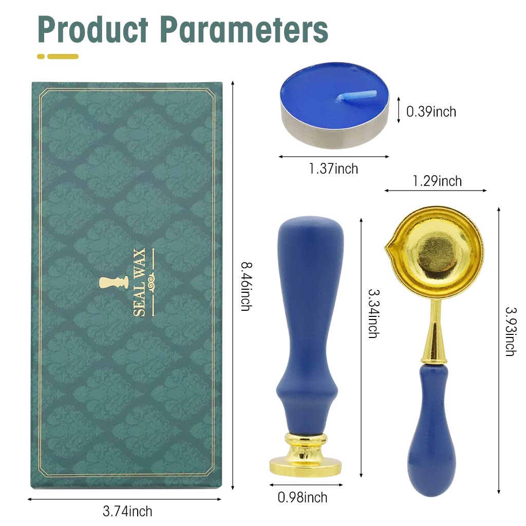 HASTHIP Wax Seal Stamp Gift Box Set, Sealing Wax Stamps with Brass Head for Cards Envelopes, Includes Wax Beads, Candles, Wax Melting Spoon, Wooden Handle Stamp, Fine Gift Box (Blue)