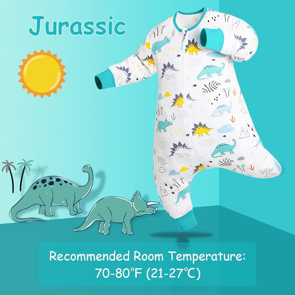 SNOWIE SOFT Baby Sleepsuits Sleeping Bag with Feet 2.5 TOG Wearable Blanket Baby with Long Sleeve Sleep Sack for Infant Toddler 100% Cotton Walking Sleeping Pajamas for Girl Boy 18-36 Months Dinosaur