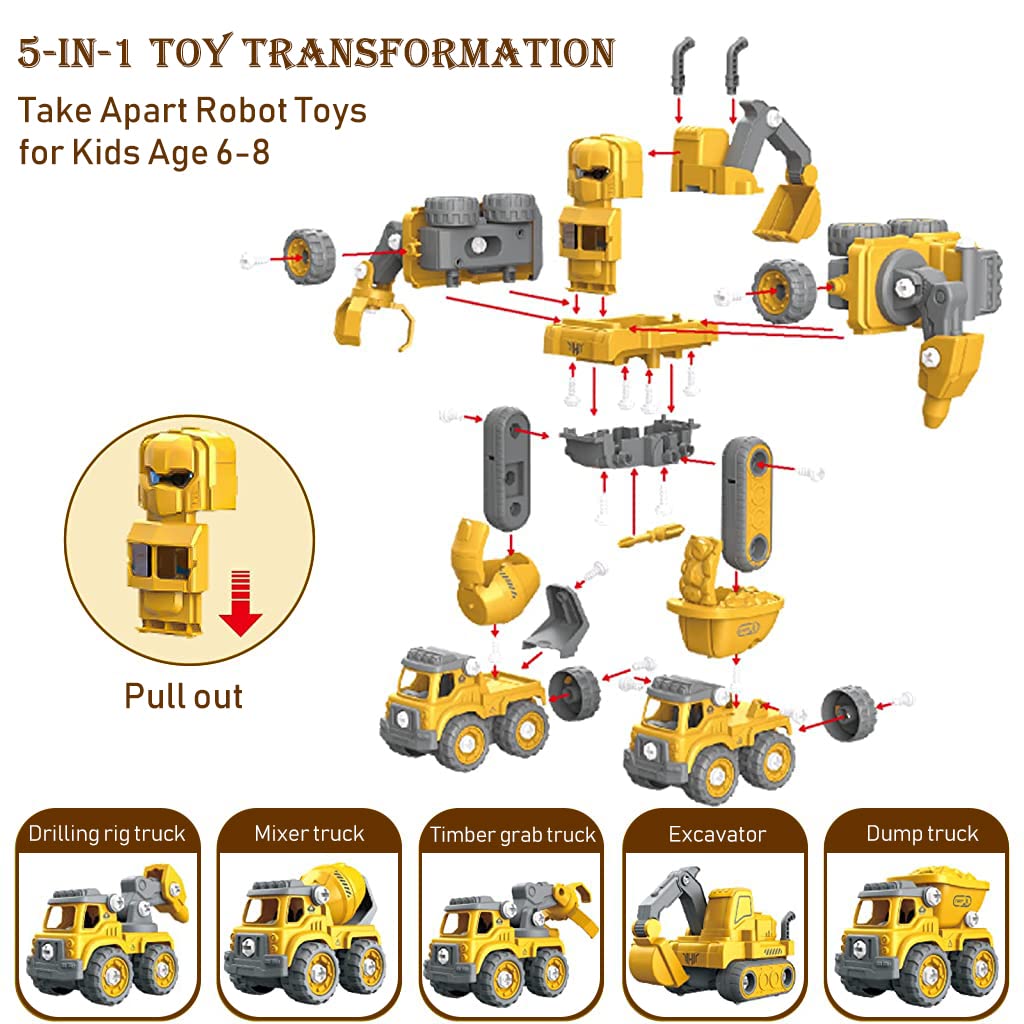 PATPAT Robot Car Transformers Toys for Kids 5 in 1 Transformer Car Toys with Sound Flash Light Assemble Engineering Truck Car Toy Pull Back Car Toys Christmas Birthday Gifts for Kids 3-12 Years Old