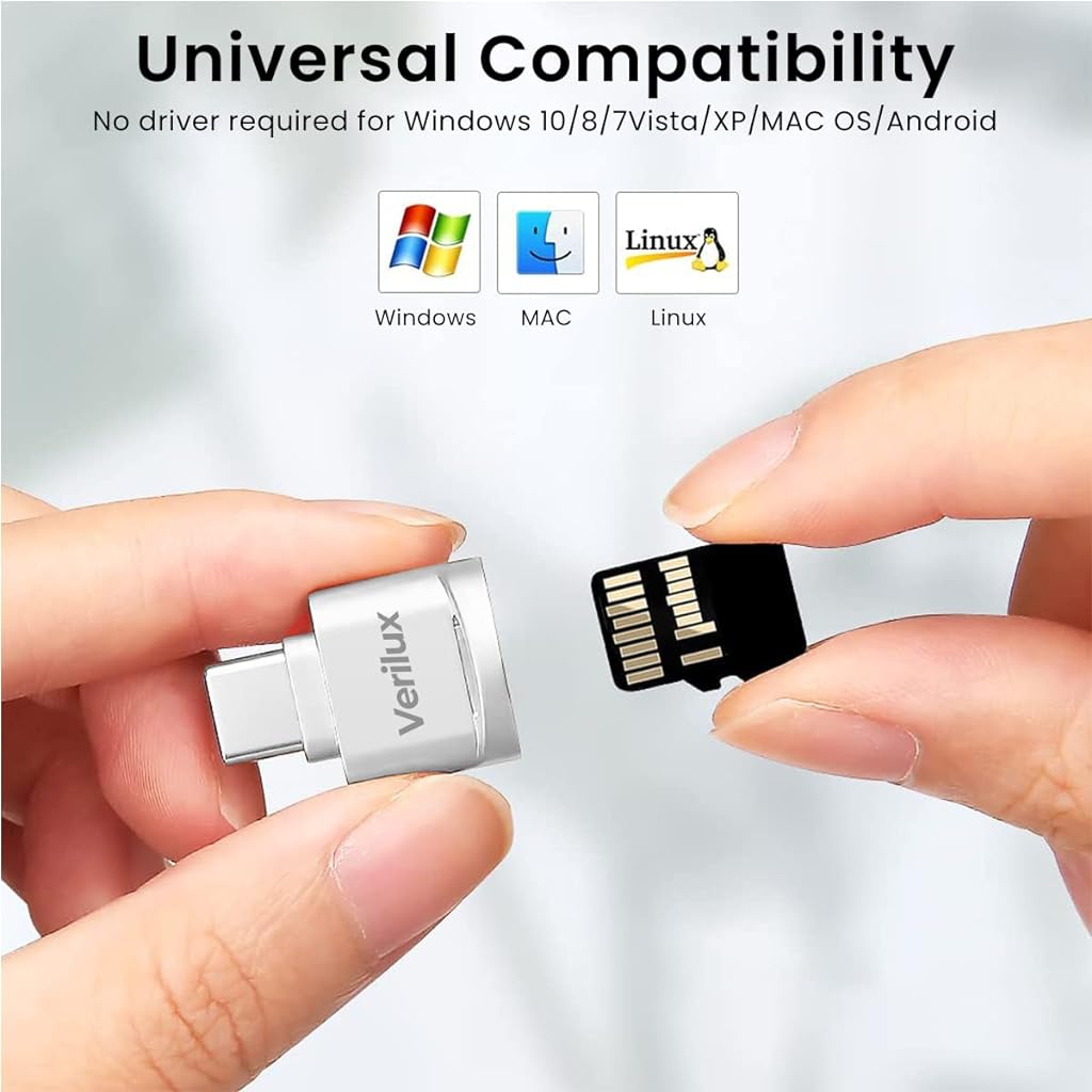 Verilux Micro SD Card Reader Mini Type C Card Reader TF Card Reader with Keychain USB C to Micro SD SDHC SDXC OTG Memory Card Reader Compatible with Laptops, MacBook, Samsung Galaxy Note 20 - Silver