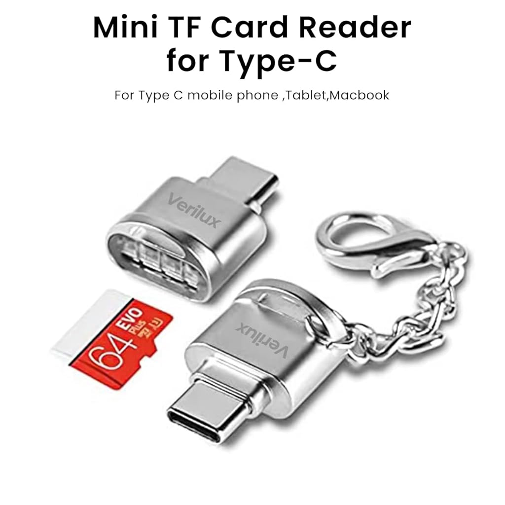 Verilux Micro SD Card Reader Mini Type C Card Reader TF Card Reader with Keychain USB C to Micro SD SDHC SDXC OTG Memory Card Reader Compatible with Laptops, MacBook, Samsung Galaxy Note 20 - Silver