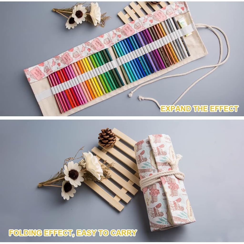 HASTHIP Canvas Pencil Wrap Case with 48 Slots, Roll Up Pencil Pouch, Pencil Roll Wrap, Pencil Holder, Aesthetics Eiffel Tower Roll Up Pencil Pouch Gift for Students Sketching (Without Pencil)