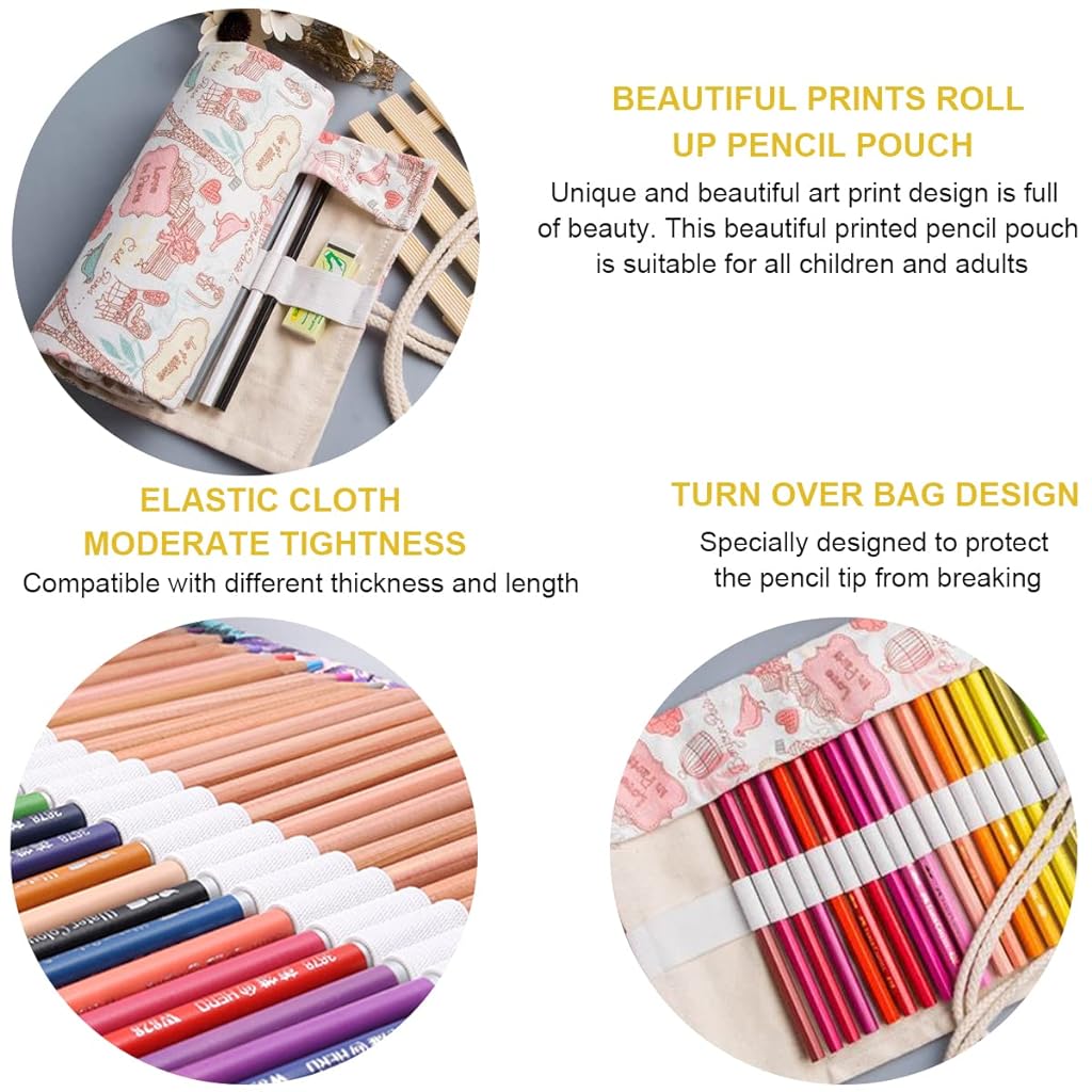 HASTHIP Canvas Pencil Wrap Case with 48 Slots, Roll Up Pencil Pouch, Pencil Roll Wrap, Pencil Holder, Aesthetics Eiffel Tower Roll Up Pencil Pouch Gift for Students Sketching (Without Pencil)