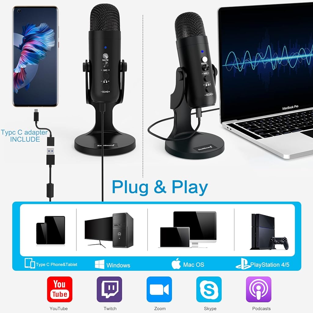 ZORBES Professional Condenser Microphone,Stereo Microphone with Volume Knob & Headphone Output,Microphone with Stand,HiFi Condenser Microphone for YouTube,Gaming,Livestream,ASMR Recording