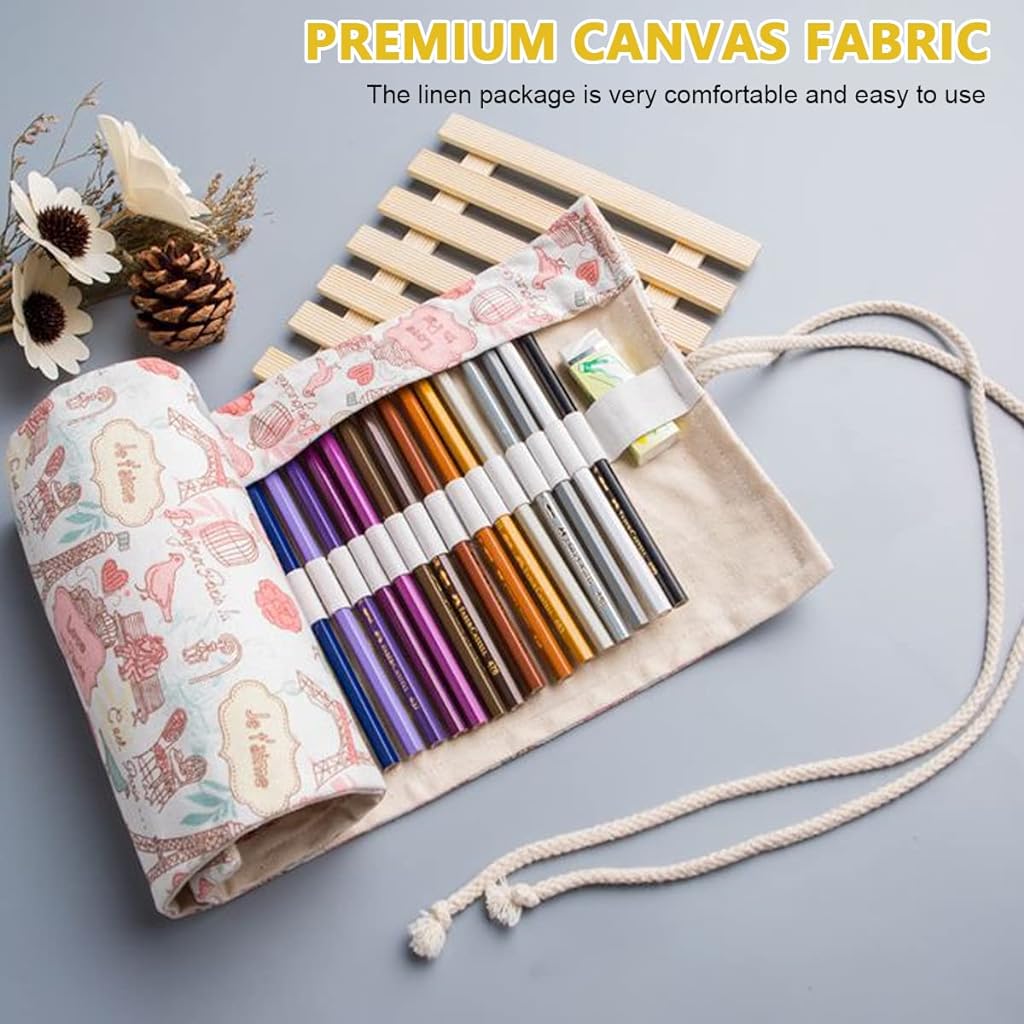 HASTHIP Canvas Pencil Wrap Case with 48 Slots, Roll Up Pencil Pouch, Pencil Roll Wrap, Pencil Holder, Aesthetics Eiffel Tower Roll Up Pencil Pouch Gift for Students Sketching (Without Pencil)