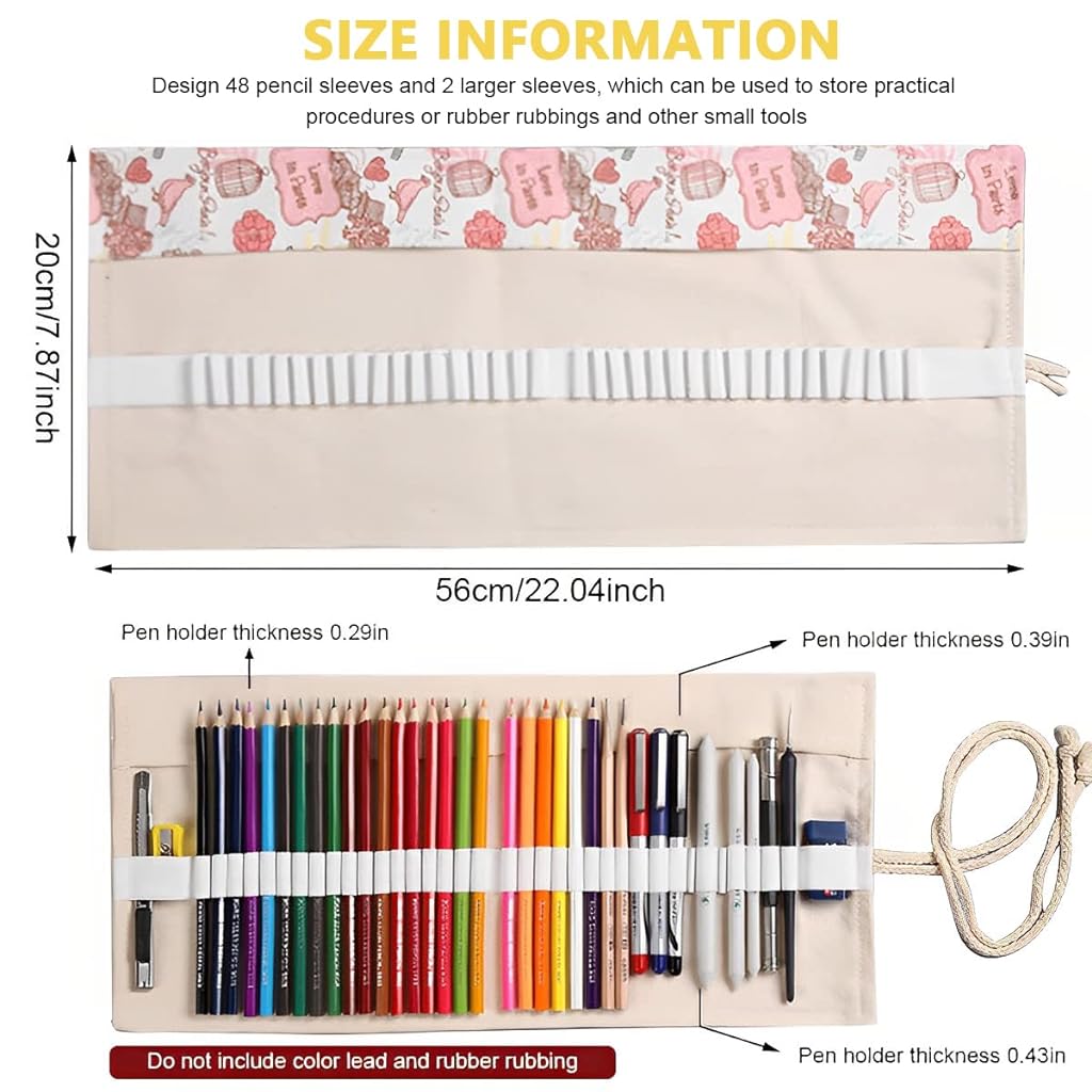 HASTHIP Canvas Pencil Wrap Case with 48 Slots, Roll Up Pencil Pouch, Pencil Roll Wrap, Pencil Holder, Aesthetics Eiffel Tower Roll Up Pencil Pouch Gift for Students Sketching (Without Pencil)