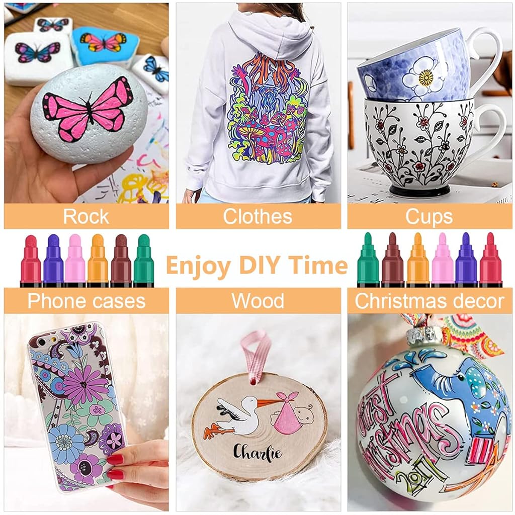 Climberty 12 Colors Acrylic Marker Pens,Dual Tip Paint Markers Paint Pens,Water Based Paint Pen,Deal For Wood,Rock Painting,Canvas,Stone,Glass,Ceramic,Diy Crafts Making Art Supplies,Black