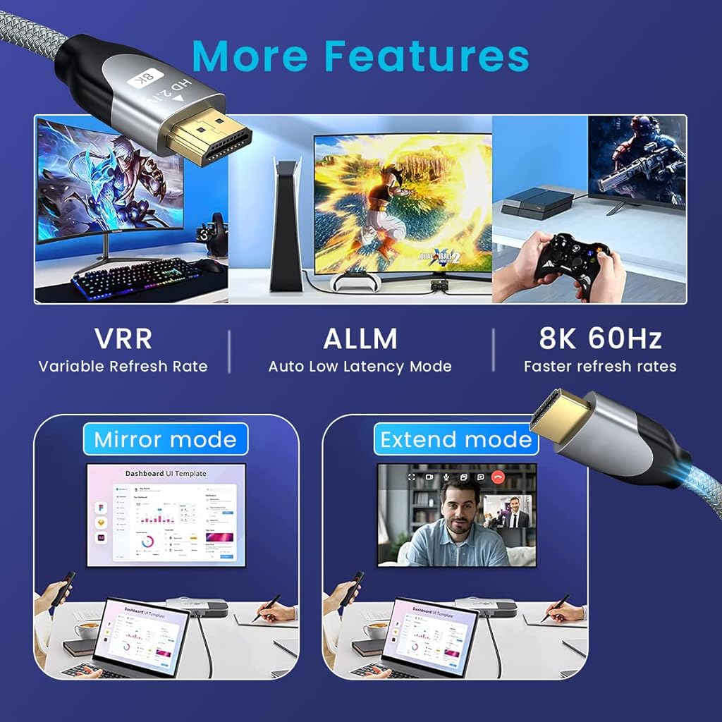 Verilux 8K HDMI 2.1 Cable 6.6FT/2m,48Gbps High Speed Braided HDMI Cord 4Ka120Hz 8Ka60Hz,HDCP 2.2&2.3,eARC,HDR10,Dynamic HDR Compatible with Blu-ray/PlayStation 5/Xbox Series X/Projector/Laptop,Black