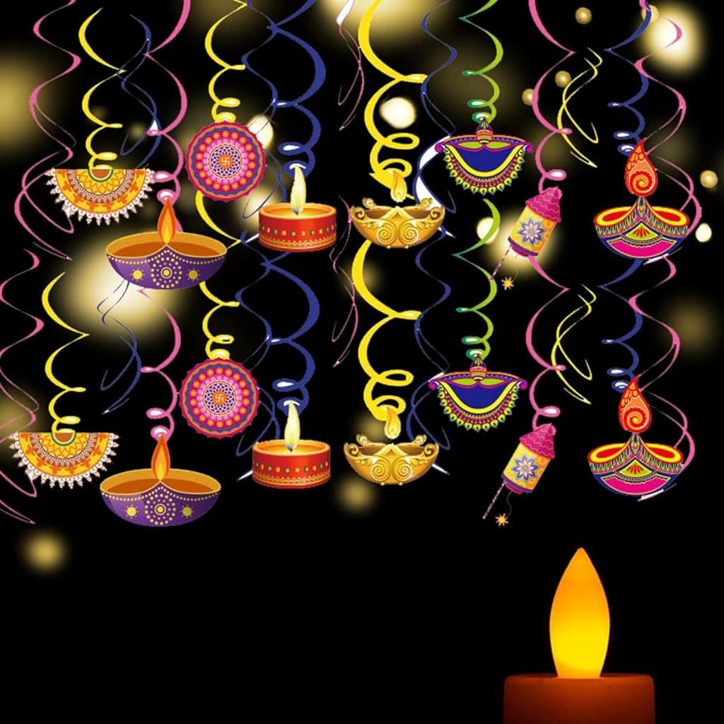 HASTHIP 46pcs Diwali Decorations, Happy Diwali Banner Deepavali Hanging Swirls Festival of Lights Party Supplies Indian Themed Light Party Decor Supplies Favor