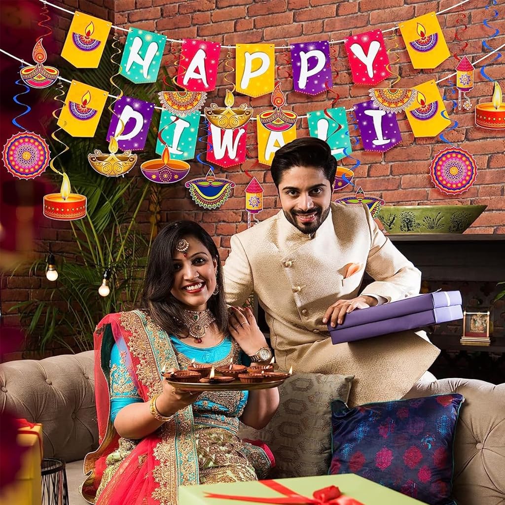 HASTHIP 46pcs Diwali Decorations, Happy Diwali Banner Deepavali Hanging Swirls Festival of Lights Party Supplies Indian Themed Light Party Decor Supplies Favor