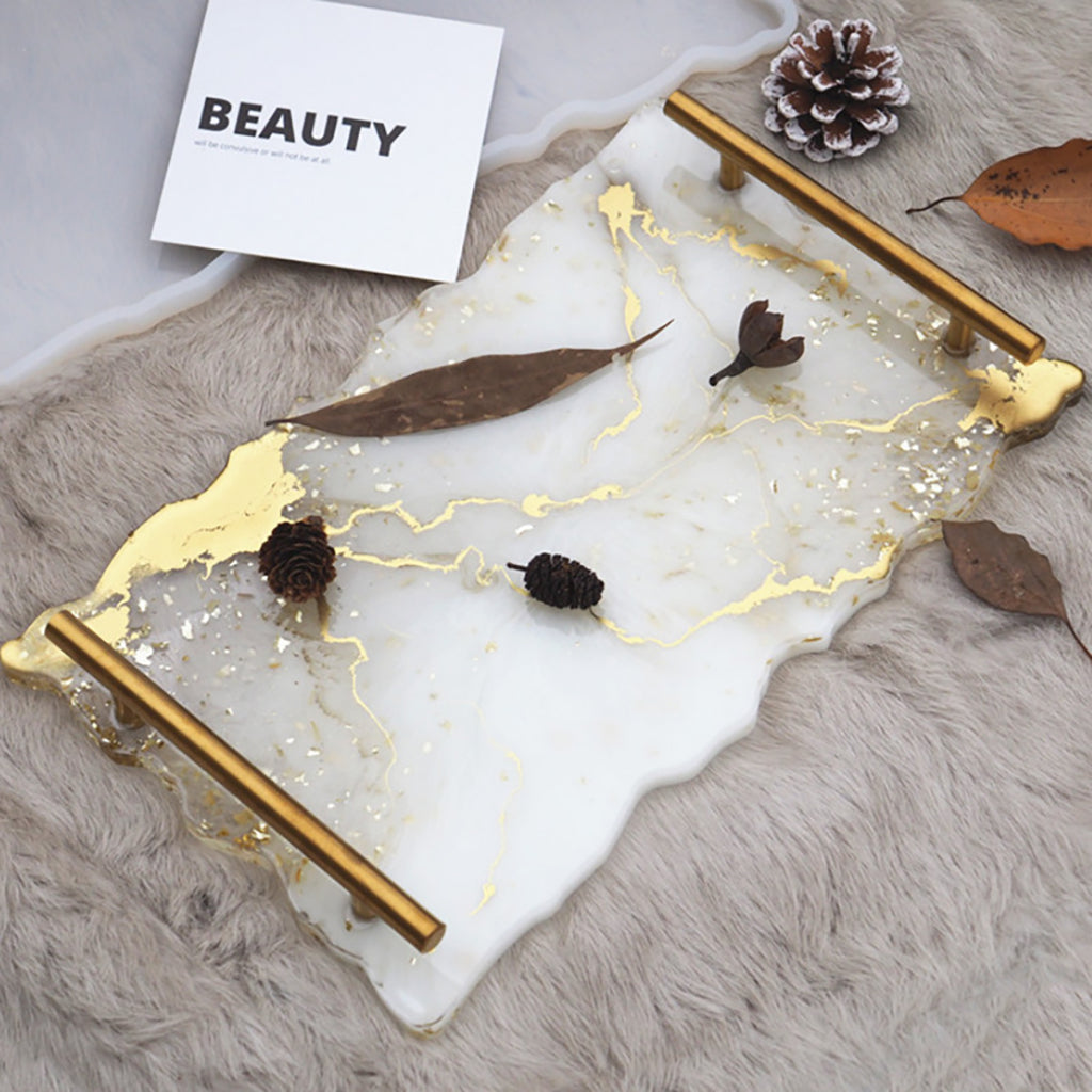 HASTHIP 30x16cm Resin Mold Kit, Rectangle Tray Mould with Gold Handles, Epoxy Resin Mold Easy Demold Silicon Coaster molds for Making Faux Agate Tray, Serving Board, Fruit Tray etc
