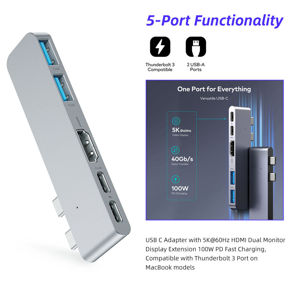 Verilux USB C Thunderbolt 3.0 Hub for MacBook, 5 in 2 USB C HUB with 100W PD, USB-C Data Port, 5K@60Hz HDMI Port,2 USB-A Ports for MacBook Air 2020/2019/2018,MacBook Pro 2020/2019/2018/2017/2016.