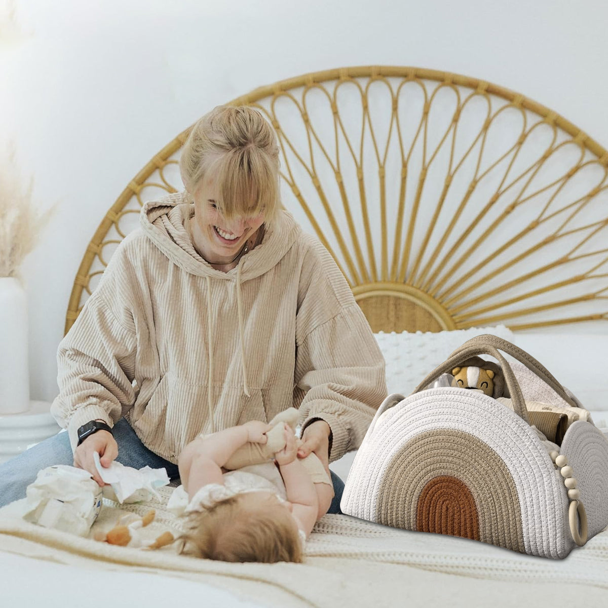 SNOWIE SOFT Baby Diaper Bag Travel Baby Baskets for New Born Cute Cotton Rope Woven Baby Things Organizer Caddy Basket Bag Organizer Baby Shower Gifts New Born Essentials, 32x20x22cm