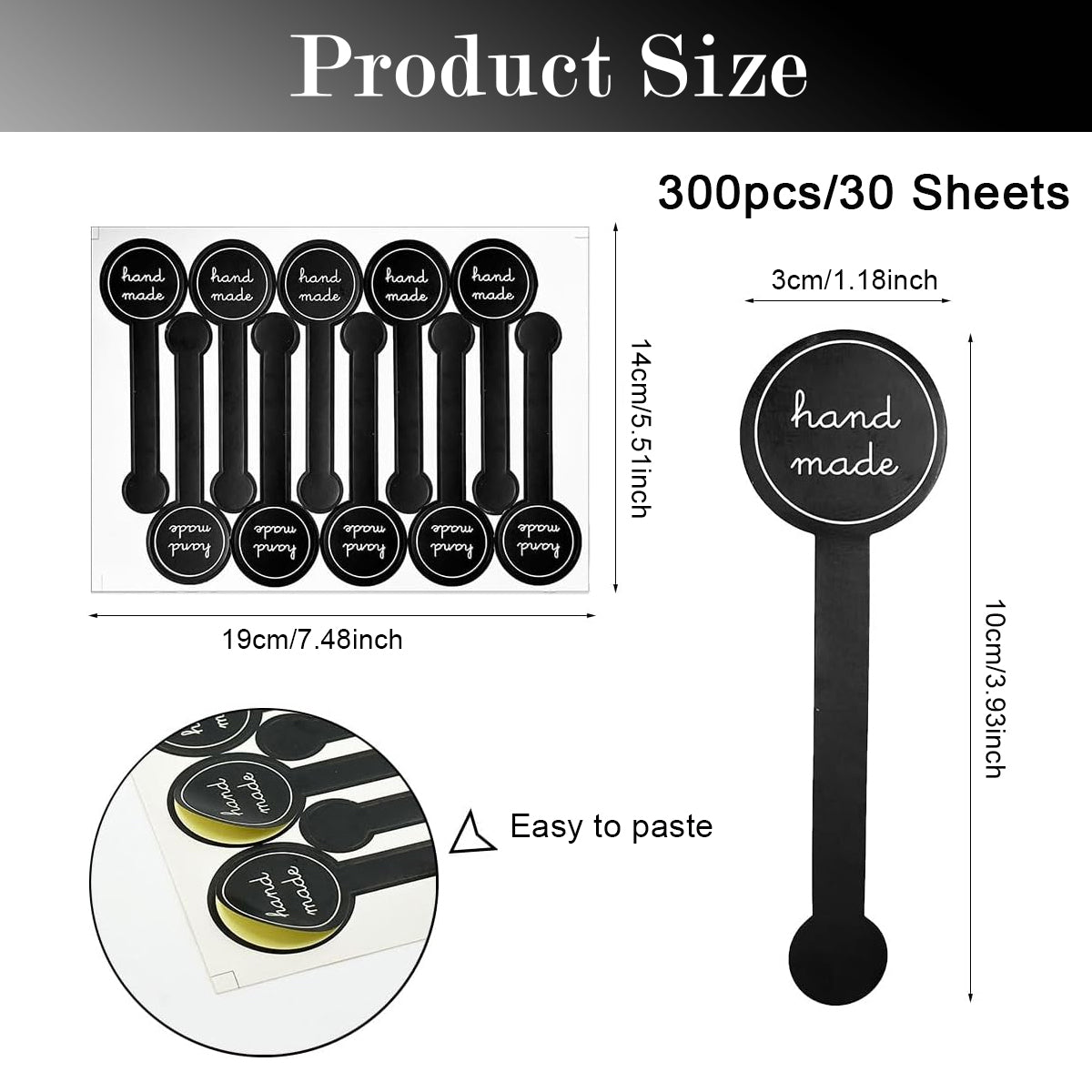 HASTHIP 300 Pcs Handmade Food Baking Label Stickers, Self-Adhesive Tamper-Proof Sealing Strip Labels, Black Striped Long Label for Artisan Bakery Craft Art and Other Decorative Labels