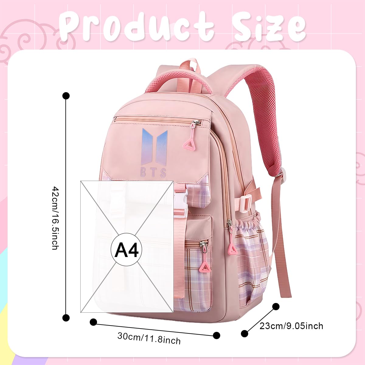 PALAY BTS Backpack for School Girls 6-12 Years Old Teens Fashion Checked Print BTS School Backpack Large Multi Layer Book Bag Travel Backpack for Teens Students School Gift for Girls, Pink