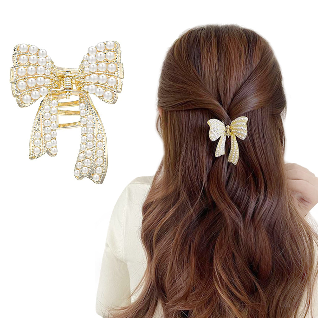 ZIBUYU Small Pearl Bow Hair Accessories for Women Wedding, Bow Hair Clips for Women,  Golden Alloy Half Updo Hair Charm Fashion Meta Hair Clips for Girls Women