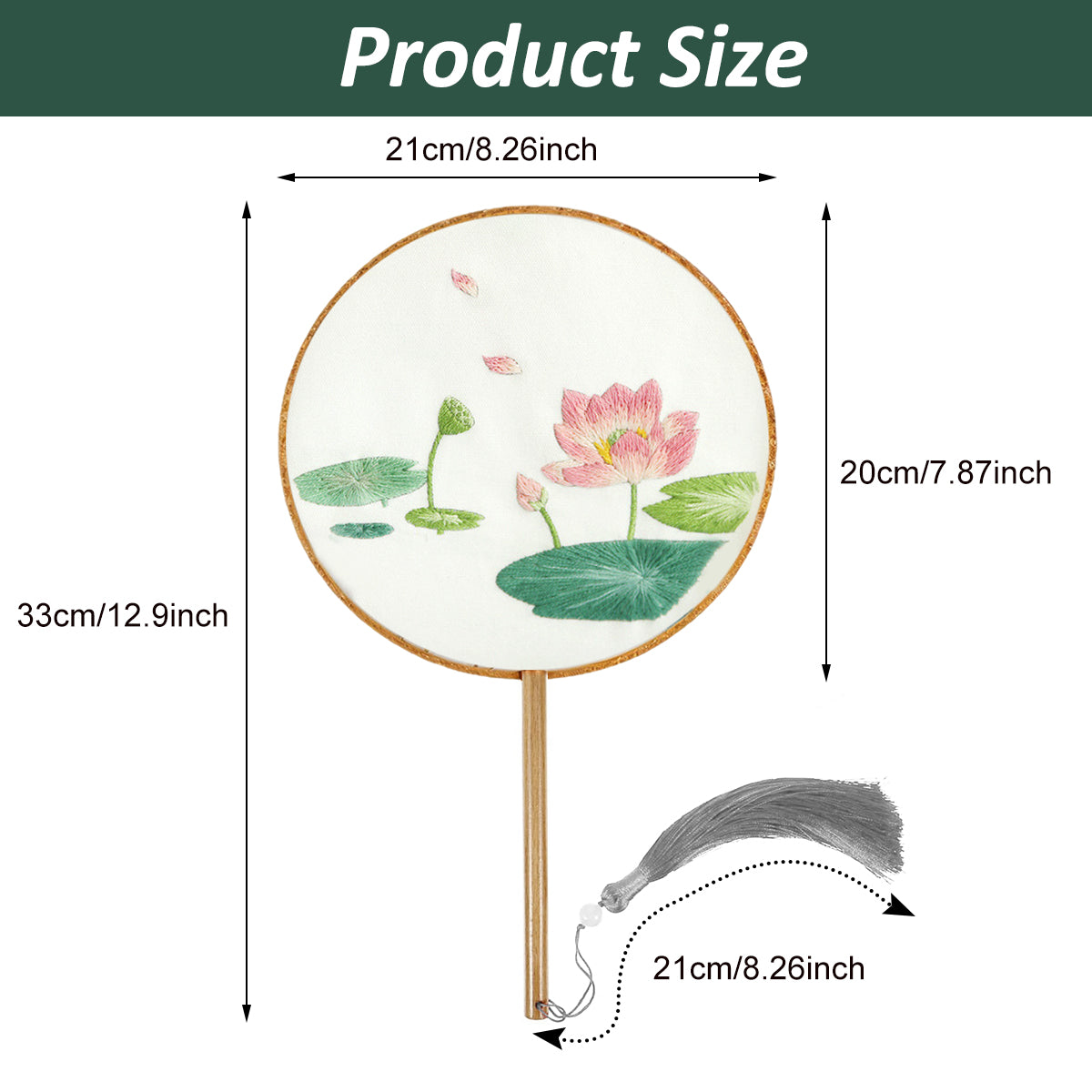 HASTHIP DIY Hand Fan Material Art Kit Handmade DIY Fabric Tassel Embroidery Lotus Wooden Handle Hand Fan Material Pack DIY Hand Fan Gift Mother's Day Gift Birthday Gift