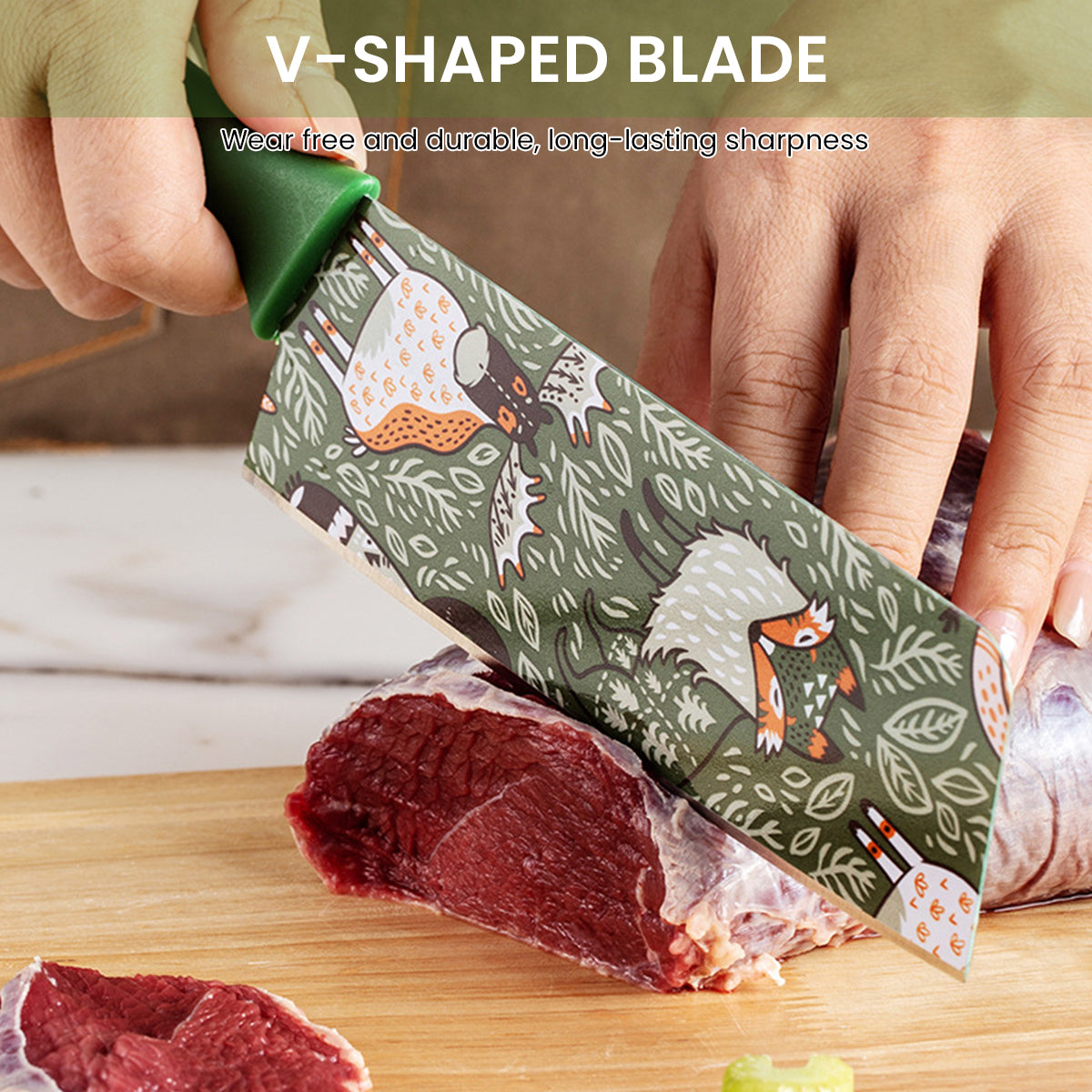 Supvox 5Pcs Stainless Steel Kitchen Knife - Chef Knife, Meat Cleaver, Fruit Cutter, Peeler and Stainless Steel Egg Fryer, Animal Forest Themed Printed Kitchen Supplies, Kitchen Tools for Cooking