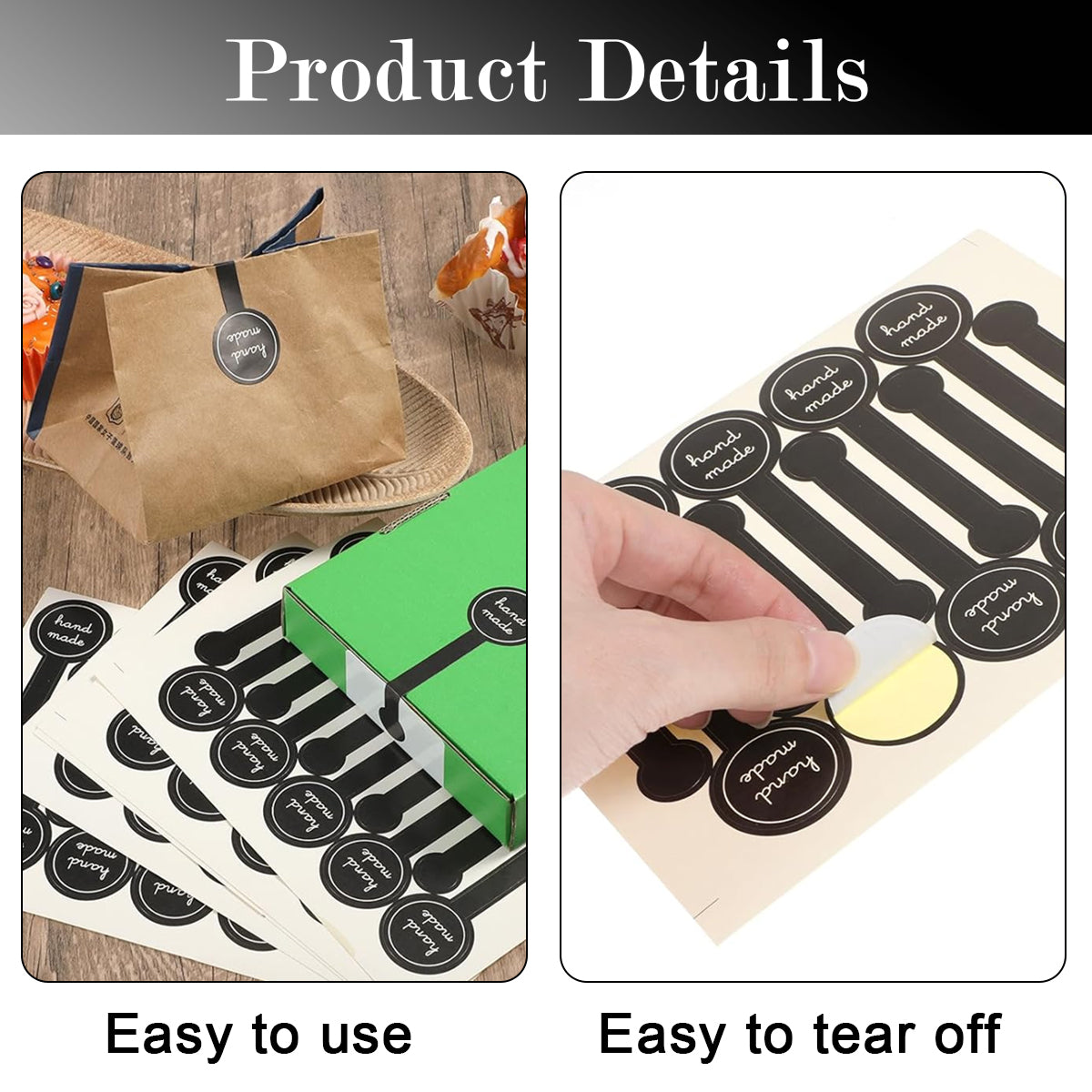 HASTHIP 300 Pcs Handmade Food Baking Label Stickers, Self-Adhesive Tamper-Proof Sealing Strip Labels, Black Striped Long Label for Artisan Bakery Craft Art and Other Decorative Labels