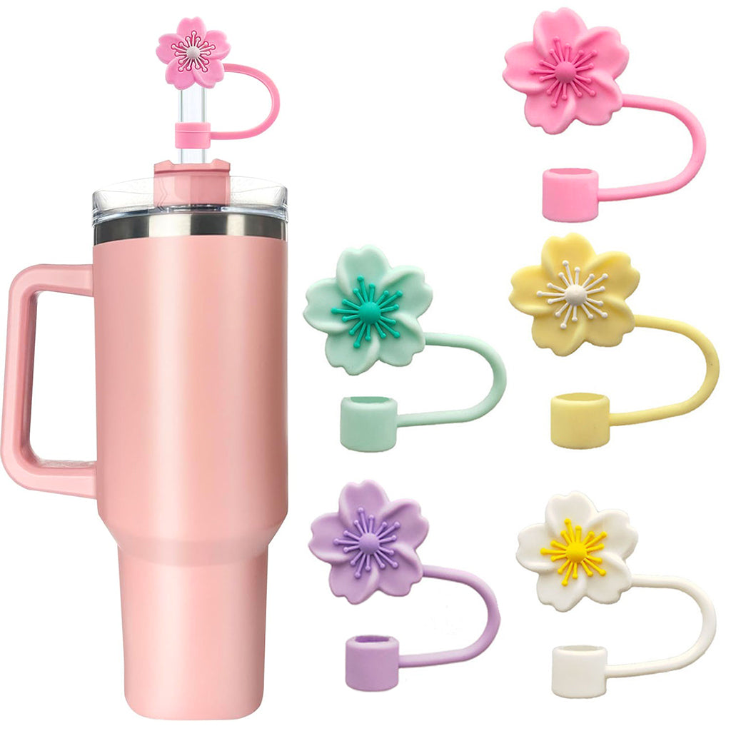 HASTHIP® 5Pcs Flower Straw Caps Multi Color Silicone Kawaii Sakura Straw Caps Stanley 30&40 Oz Cups Cherry Blossom Straw Covers Universal 10mm Straw Covers for Glass Straws, Stainless Steel Straws