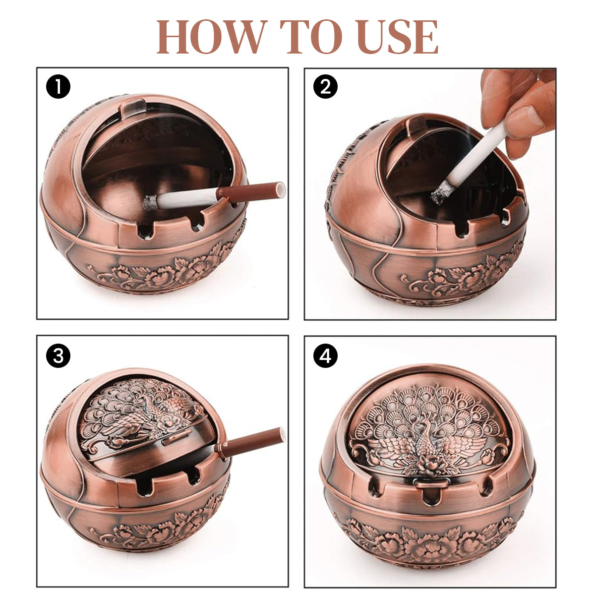 HASTHIP Peacock Ashtray Retro Zinc Alloy Ashtray with Closing Lid Decorative Embossing Peacock Ashtry with 3 Cigarette Holder Grooves Home Gift Car Ashtry, 10x10x9cm