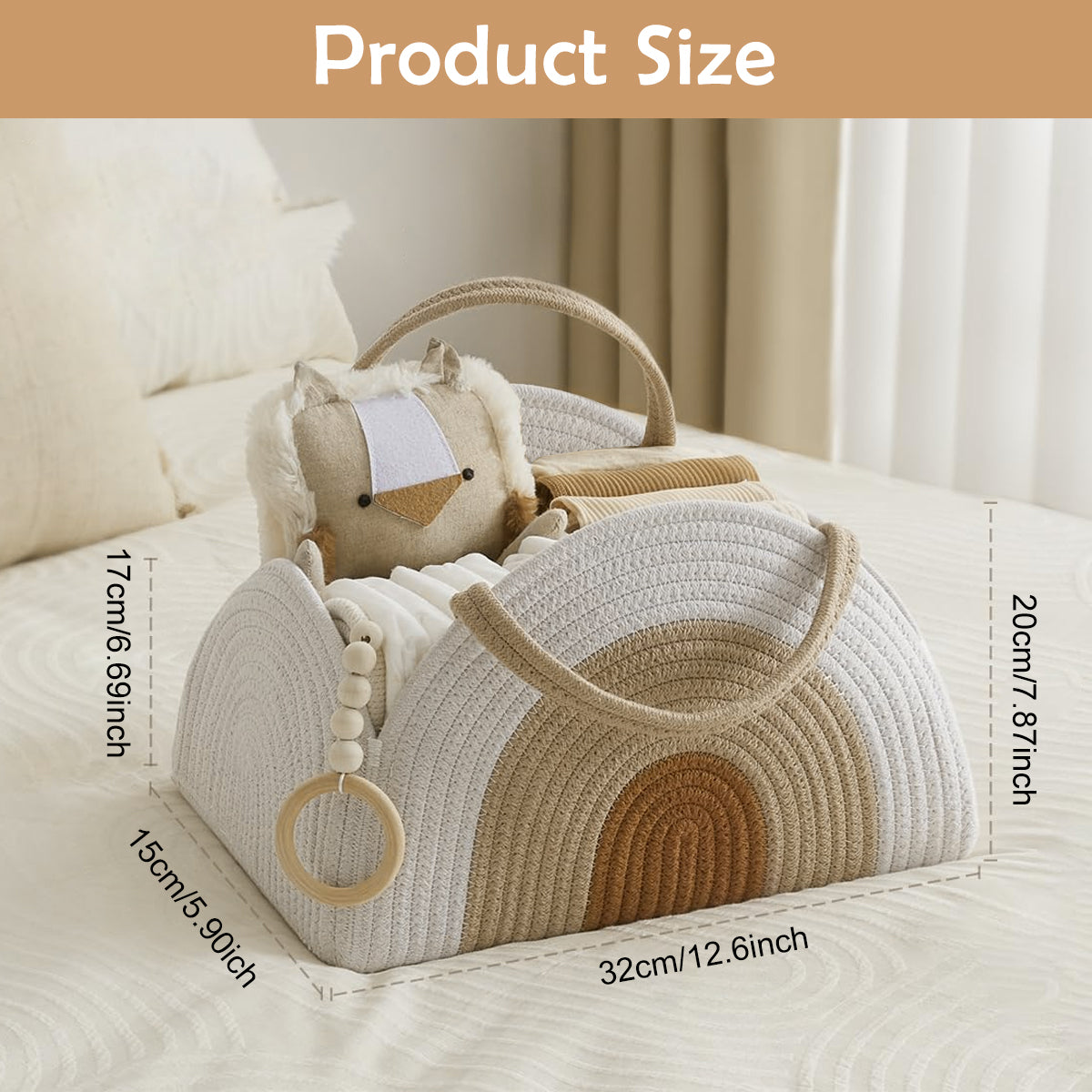 SNOWIE SOFT Baby Diaper Bag Travel Baby Baskets for New Born Cute Cotton Rope Woven Baby Things Organizer Caddy Basket Bag Organizer Baby Shower Gifts New Born Essentials, 32x20x22cm