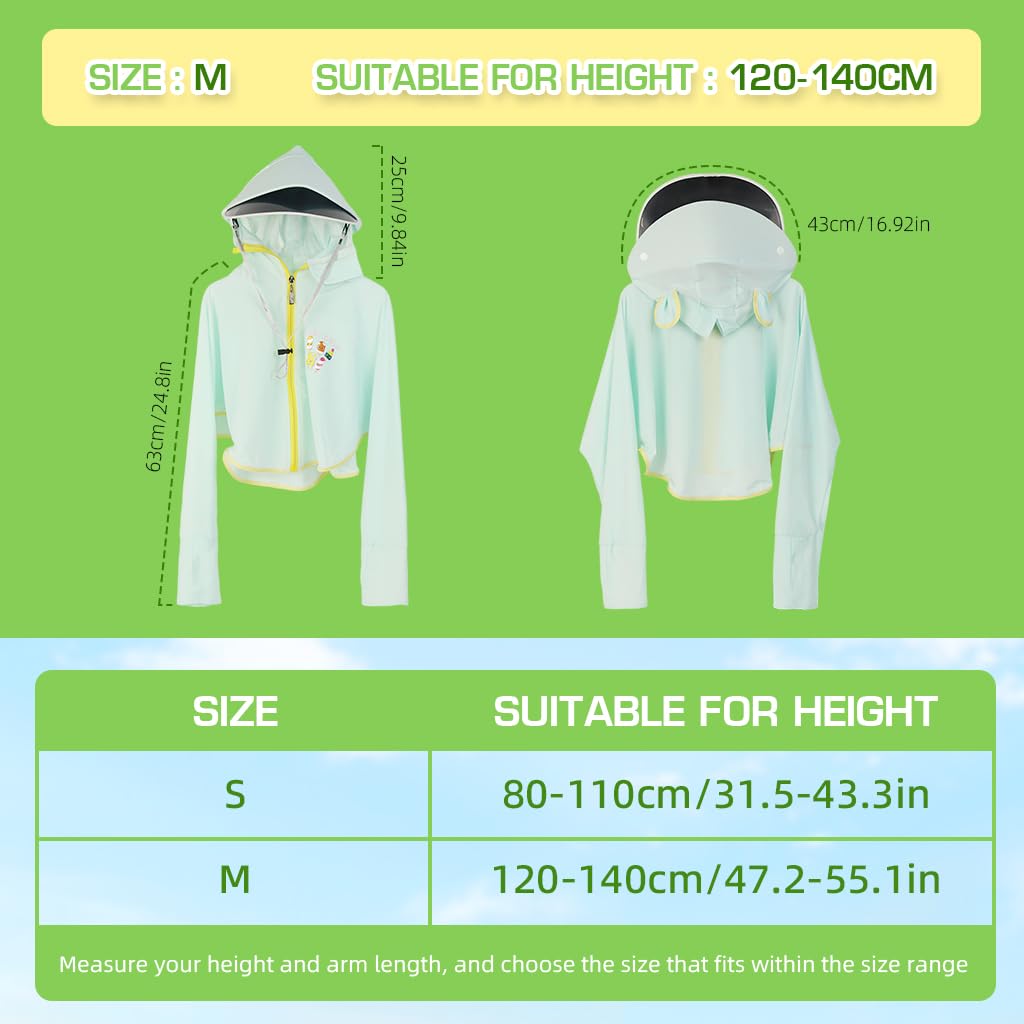 PALAY Sun Protection Hoodie Toddler UV Protection with Protective Goggles Jacket Girls Long Sleeve Shirt UPF50+ Lightweight Hoodie  with Thumb Hole 3-12Years(Suggested height of 120-140cm Green)