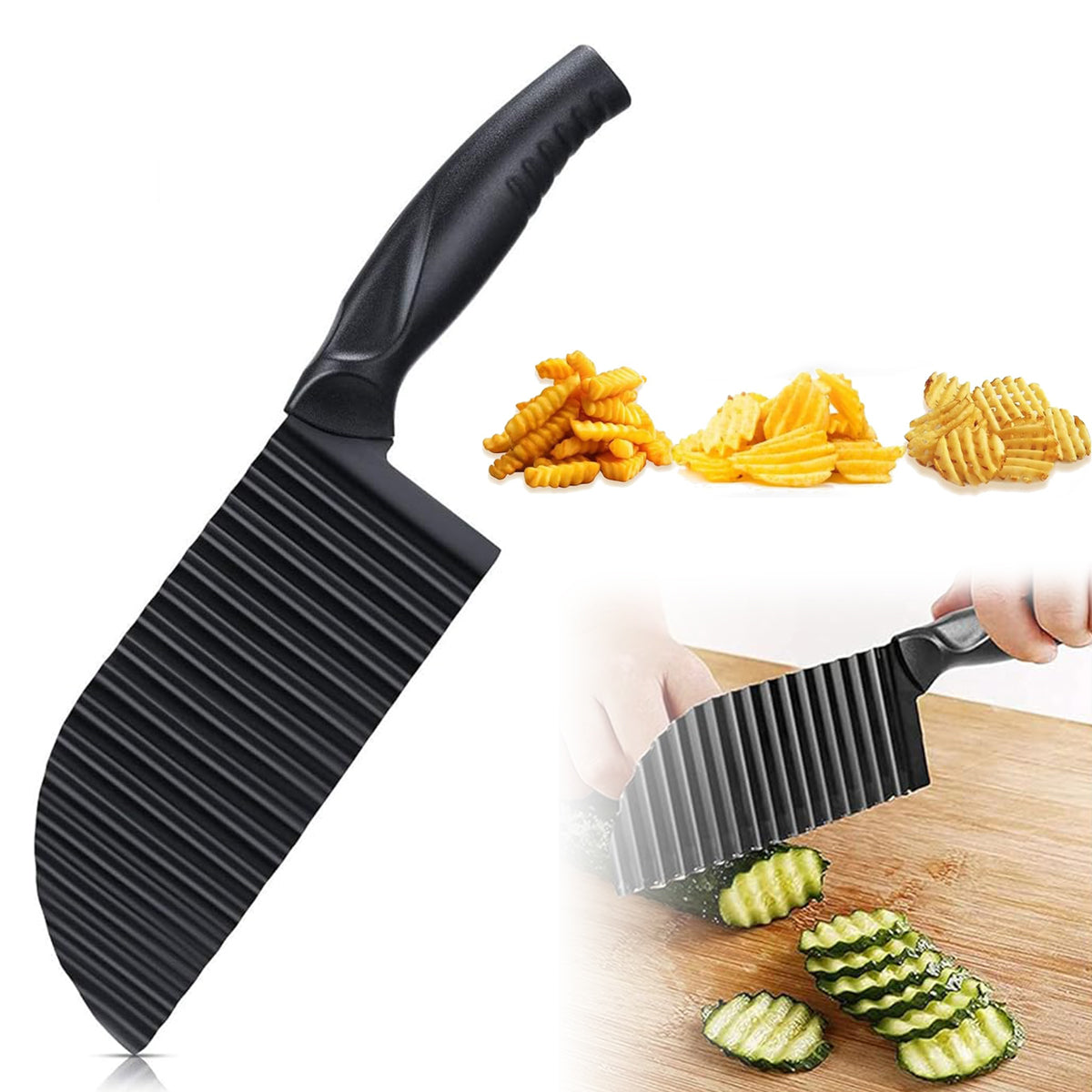 Supvox Premium Knife for Kitchen Use, Crinkle Cutter Knife, Onion Cutter, Potato Cutter French Fry Cutter Slicer, Large Vegetable Cutter, Kitchen Accessories Items for Home Tools, Black