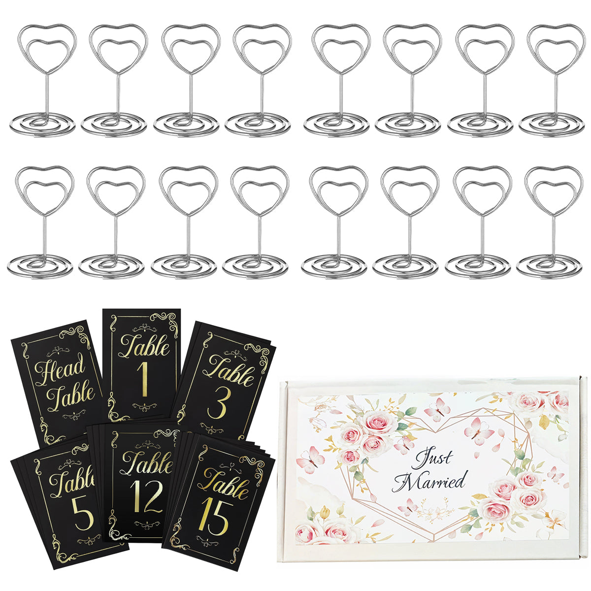 HASTHIP 16Pcs Table Number Cards with 16 Metal Wire Holders Elegant Metallic Texture Black Golden Hard Cards Heart-shaped Wire Card Holders Guests Wedding Tables Cards
