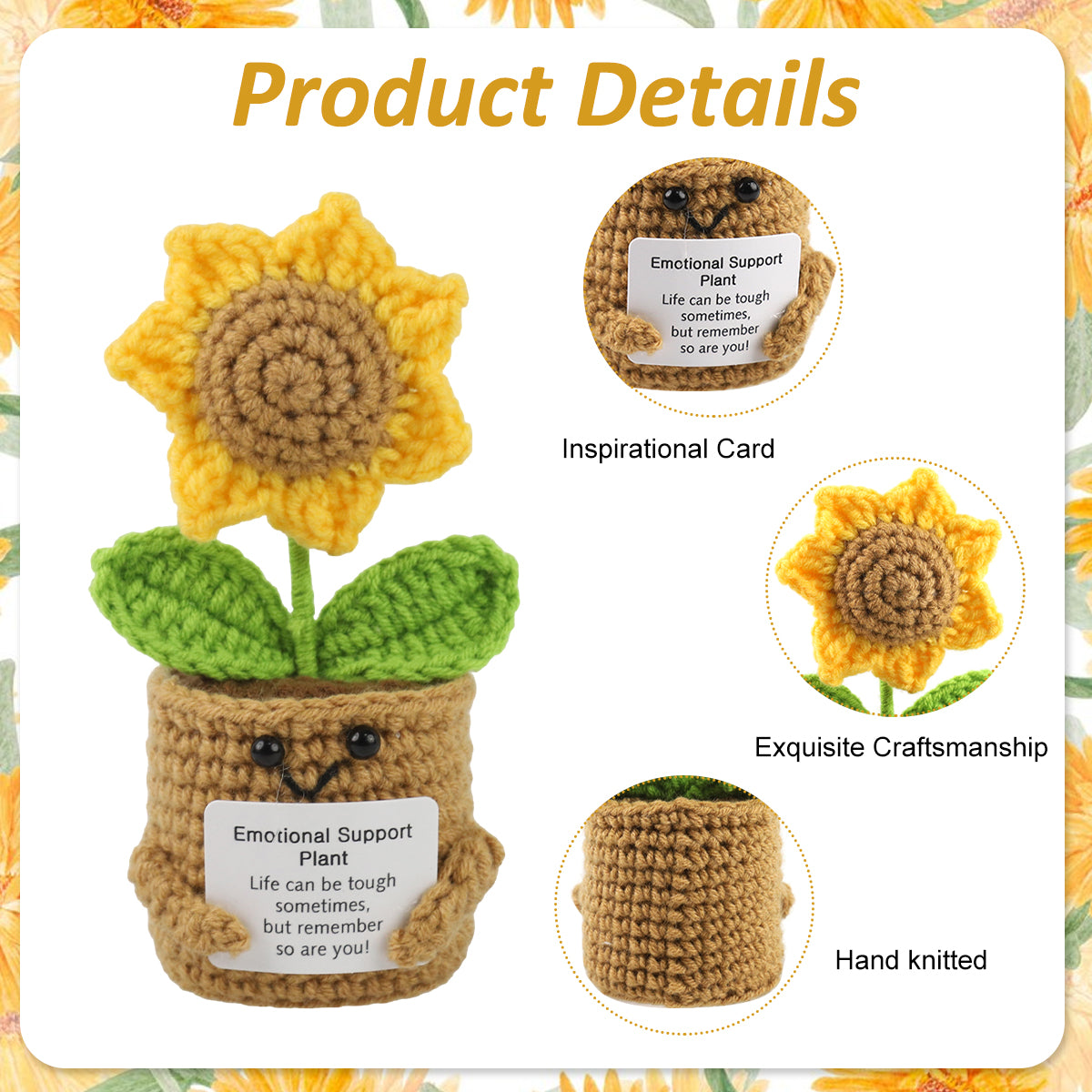 ZIBUYU Crochet Sunflower Pot 5.91 inches Motivational Desk Decor Cute Smile Sunflower with Inspirational Cards Lovely Stuffed Crochet Sunflower Toy Car Interior Accent Gift Yellow