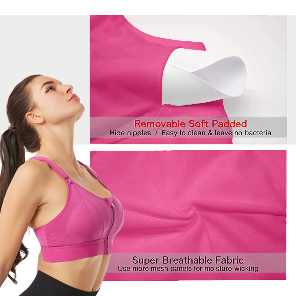 PALAY Sports Bra Women Zip-up Sports Bra for High-impact Activities One Piece Breast Pads Adjustable Sports Bra Fashion Racerback  Sports Bra for Running, Cycling, Aerobics, Boxing, XXL, Pink