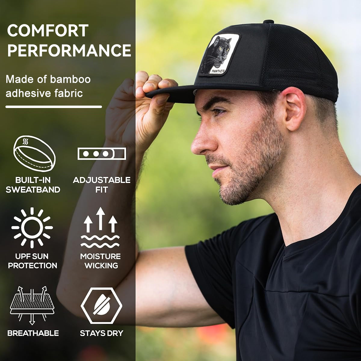 ZIBUYU Men's Cap Baseball Cap Fashion Panther Embroidery Sun Cap Summer Cap Breathable Mesh Casual Hat Adjustable Closure Wide Brim Snapback Hat, Black