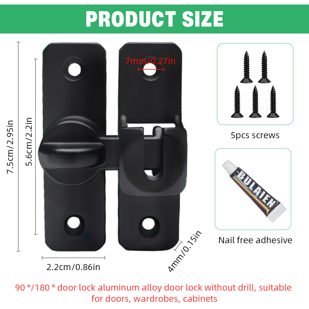 HASTHIP Door Latch Door Lock 90°/180° Latch Lock Aluminum Alloy Door Latch Lock No Drill Latch Lock for Gate, Door, Closet, Cabinet, with Screw Packs and Installation Accessories, Black