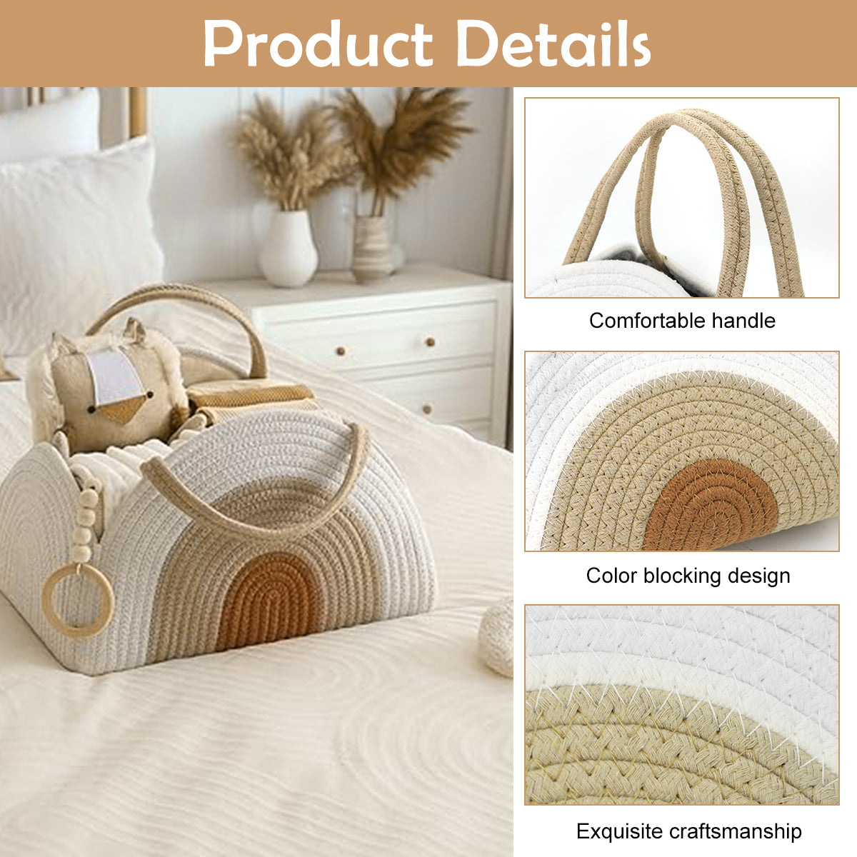 SNOWIE SOFT Baby Diaper Bag Travel Baby Baskets for New Born Cute Cotton Rope Woven Baby Things Organizer Caddy Basket Bag Organizer Baby Shower Gifts New Born Essentials, 32x20x22cm