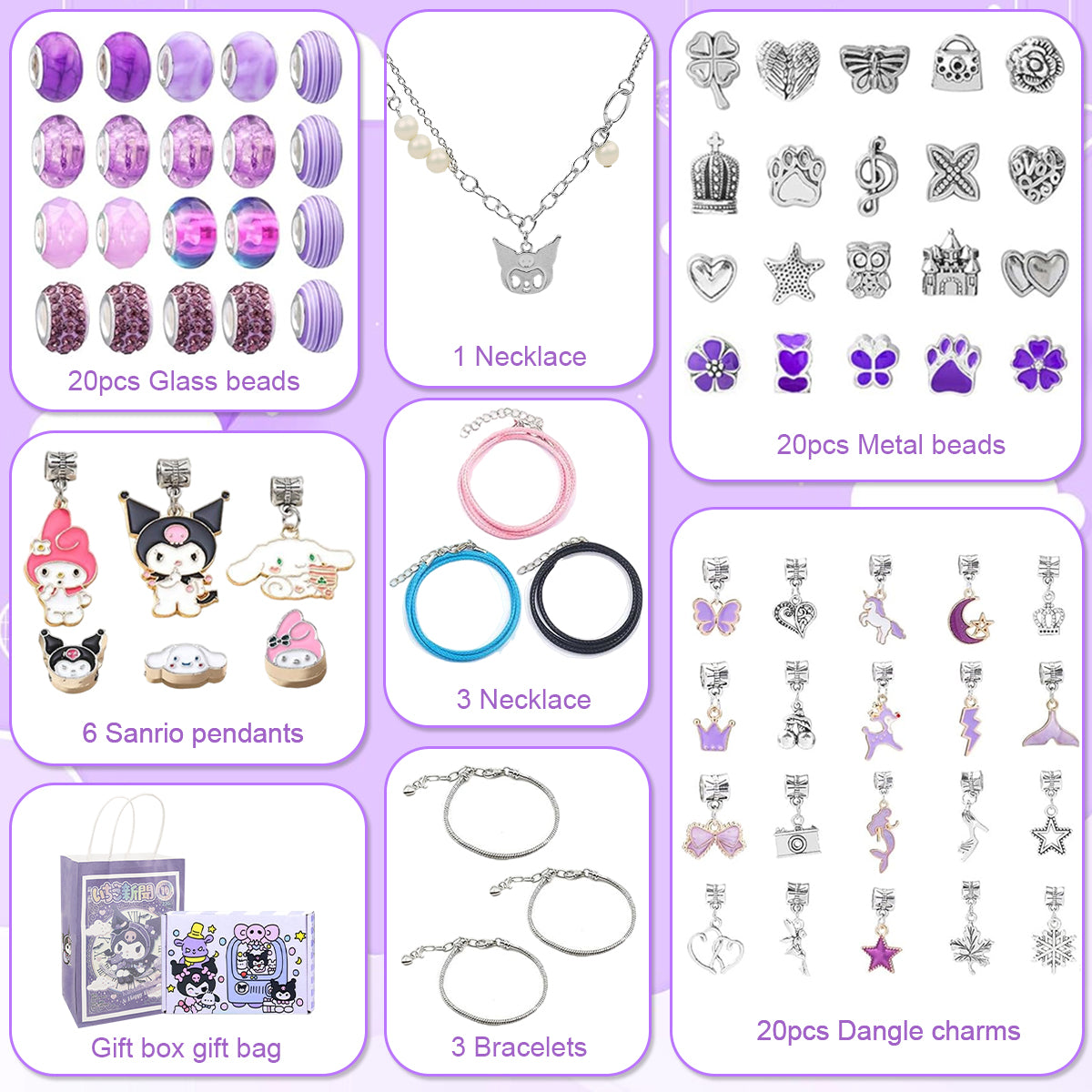 SANNIDHI Kuromi Charm Bracelet Making Kit, Sanrio-Themed Jewelry Bracelet Making Set, DIY Craft for Girls, Kuromi Bracelets Necklaces Set, Children Day Christmas Gift for Girls Kids Teens Ages 5-14
