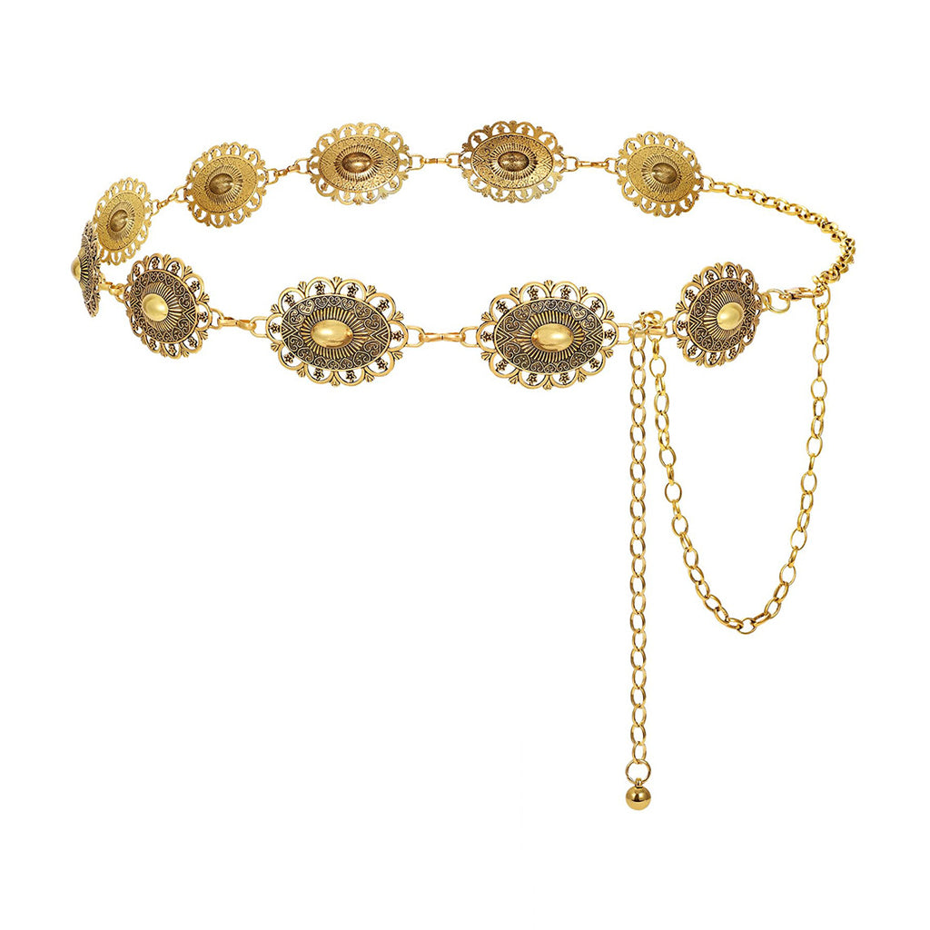 SANNIDHI Boho Waist Belt for Women Vintage Cutout Metal Concho Belt Saree Waist Belt Metal Concho Belt Western Fashion Conchos Adjustable Women Waist Belt