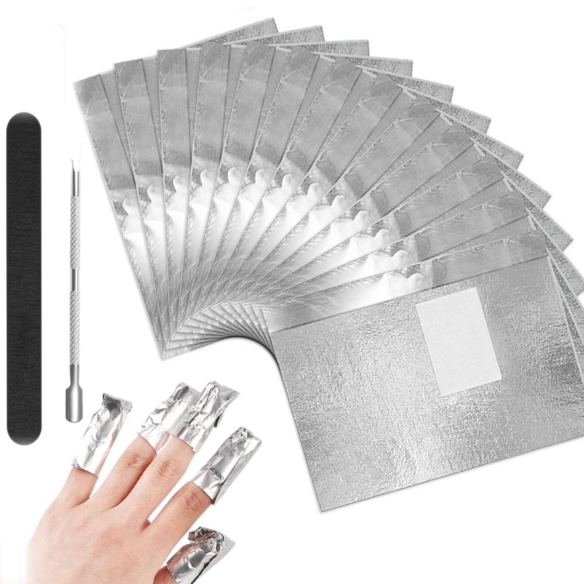 MAYCREATE 200Pcs Nail Polish Remover Foil Wraps with Pre-soaked Acetone-based Cotton Pads Gel Nail Polish Remover Wraps Finger Nail Polish Removal Tool with Cuticle Pusher & Nail Filer