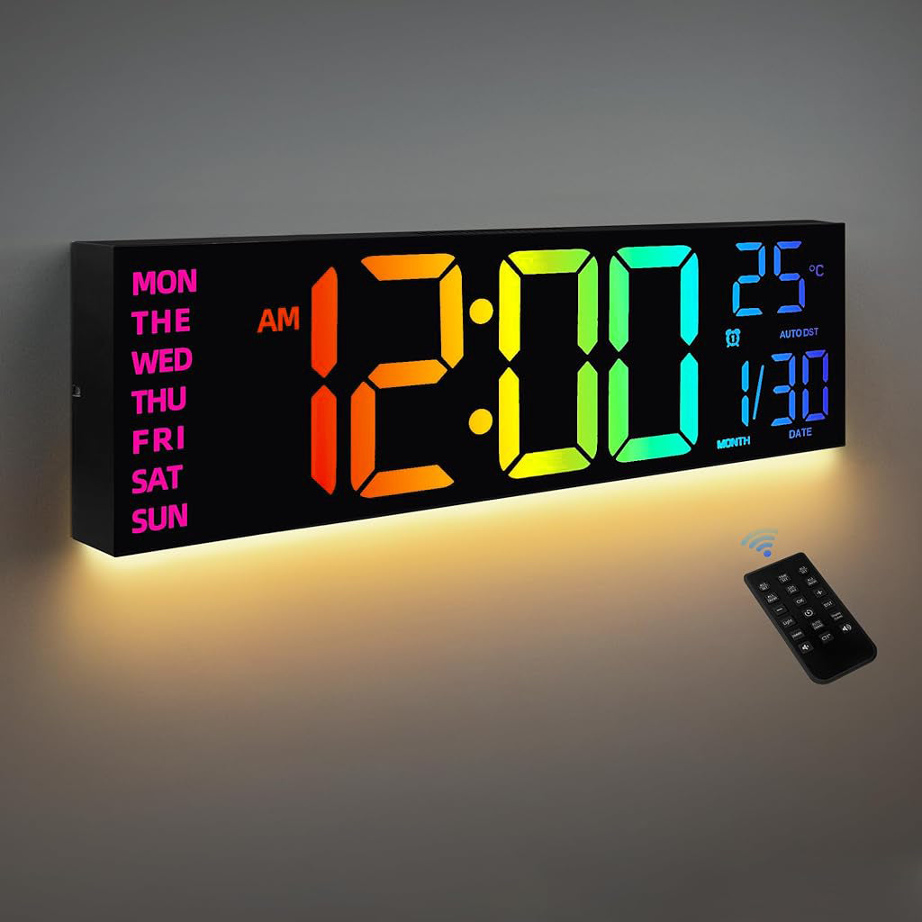 HASTHIP 16'' 8 Colors Wall Digital Alarm Clock with Remote Control, Large Digital Clock with Temperature, Date, Auto DST, Night Light, Auto Brightness Dimmer, Wall Clock for Living Room Office