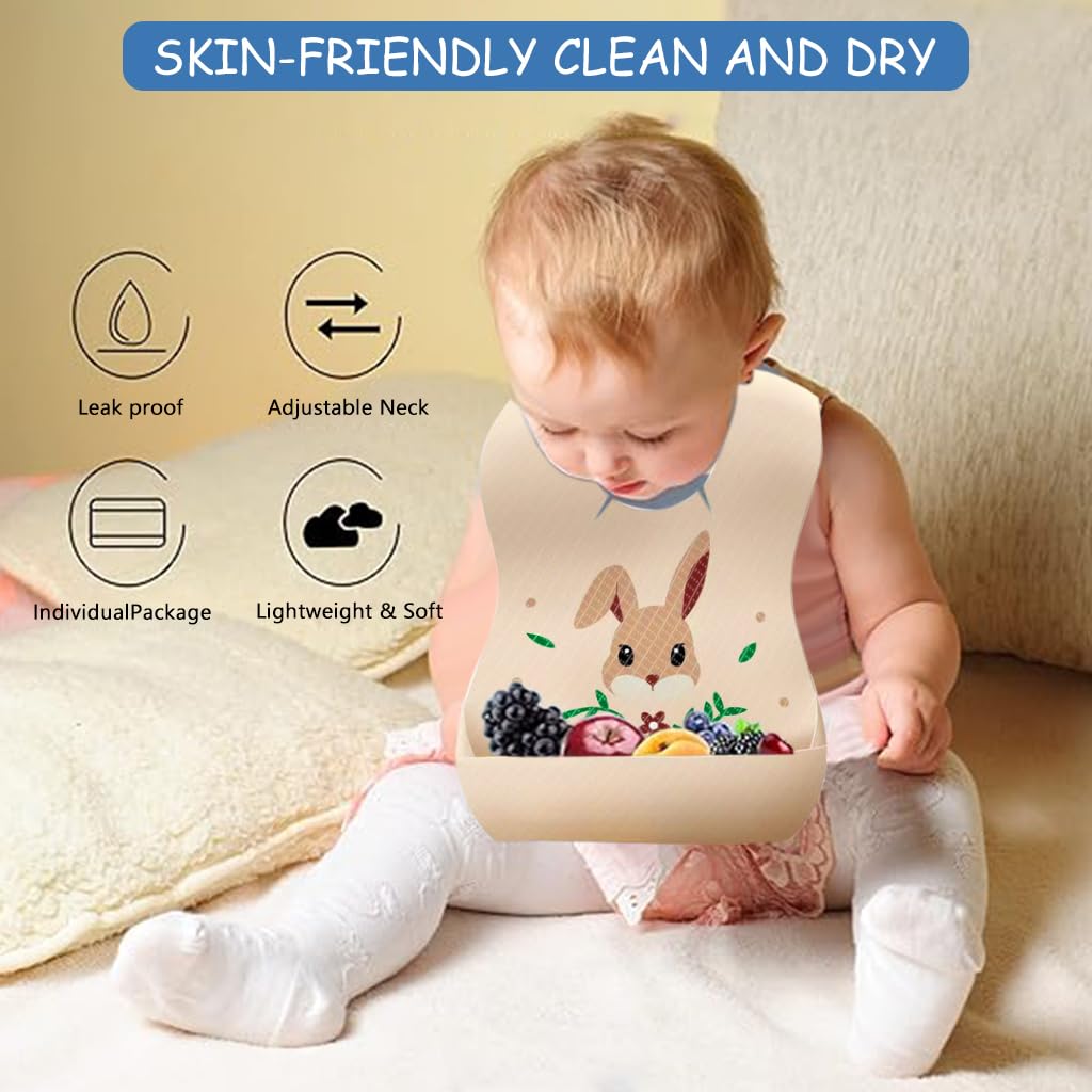 SNOWIE SOFT Disposable Baby Bibs Pack Of 20 - Skin-Friendly Non-Woven Fabric With Leak-Proof Layer, Adhesive Closure, Catcher Pocket, Ideal For Travel & Home Use, Cute Cartoon Print Design