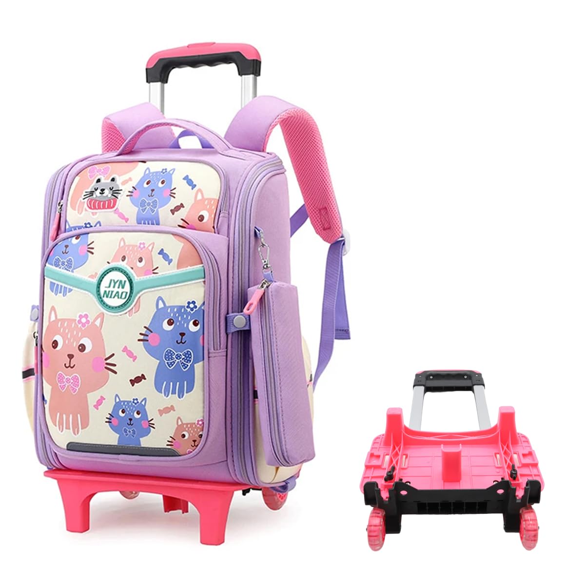 PALAY School Backpack for Girls Backpack on Wheel SchoolGirls 6-12 Years Old Waterproof Cartoon Print Girls Backpack with Detachable Wheel Stand Lightweight Travel Backpack for Kids