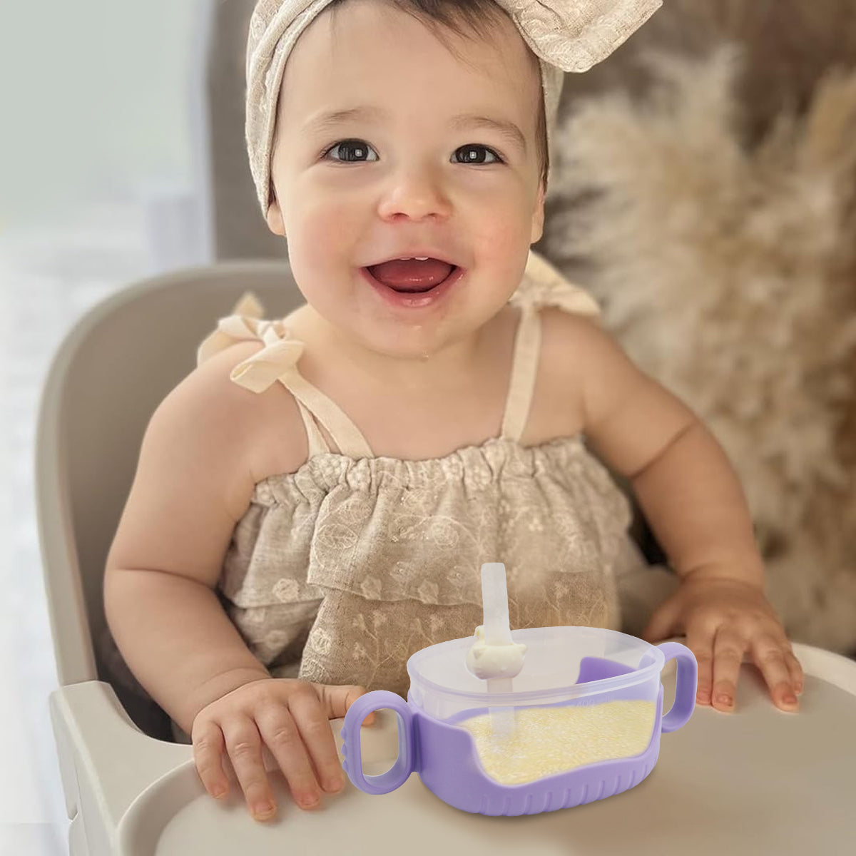 SNOWIE SOFT Baby Bowl with Dual Ears 400ml Baby Food Container with Lid Transparent Food Grade PP Baby Food Bowl with Clip-on Silicone Straw Travel Baby Food Container Snack Bowl