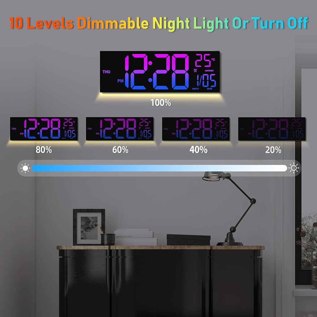 HASTHIP 16'' 8 Colors Wall Digital Alarm Clock with Remote Control, Large Digital Clock with Temperature, Date, Auto DST, Night Light, Auto Brightness Dimmer, Wall Clock for Living Room Office