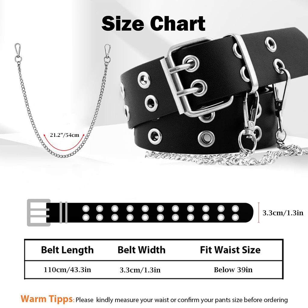 ZIBUYU Women Belt Punk Belt with Hip Chain 43 inches Women Belt Dual Row Hole Design PU Leather Belt Chic Women Belt for Pants Jeans Skirt