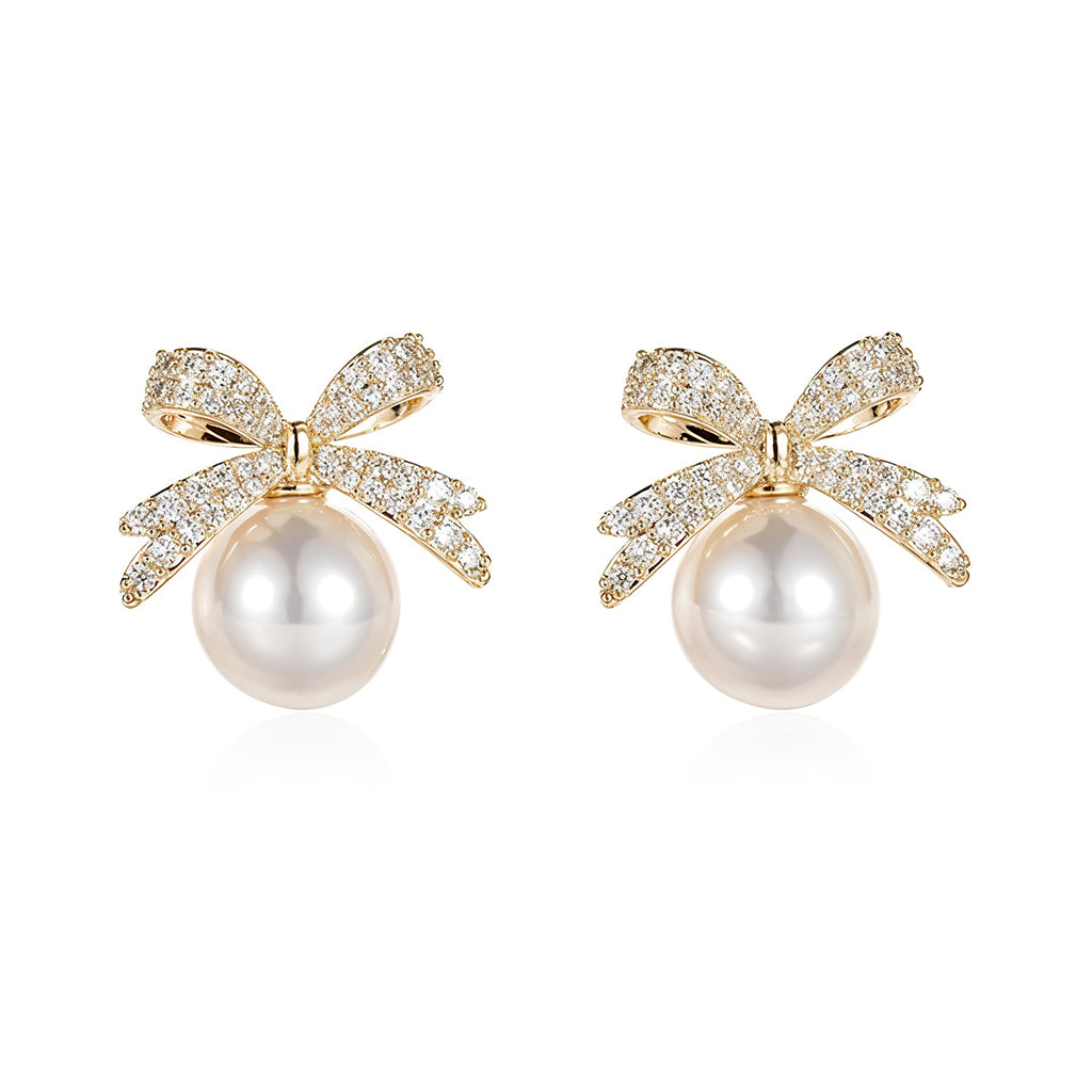 ZIBUYU Pearl Bow Earrings,Rhinestone Cute Alloy Ribbons Drop Earrings,Christmas Party Jewelry Earrings,Silver Needle Inlaid Diamond Style Design