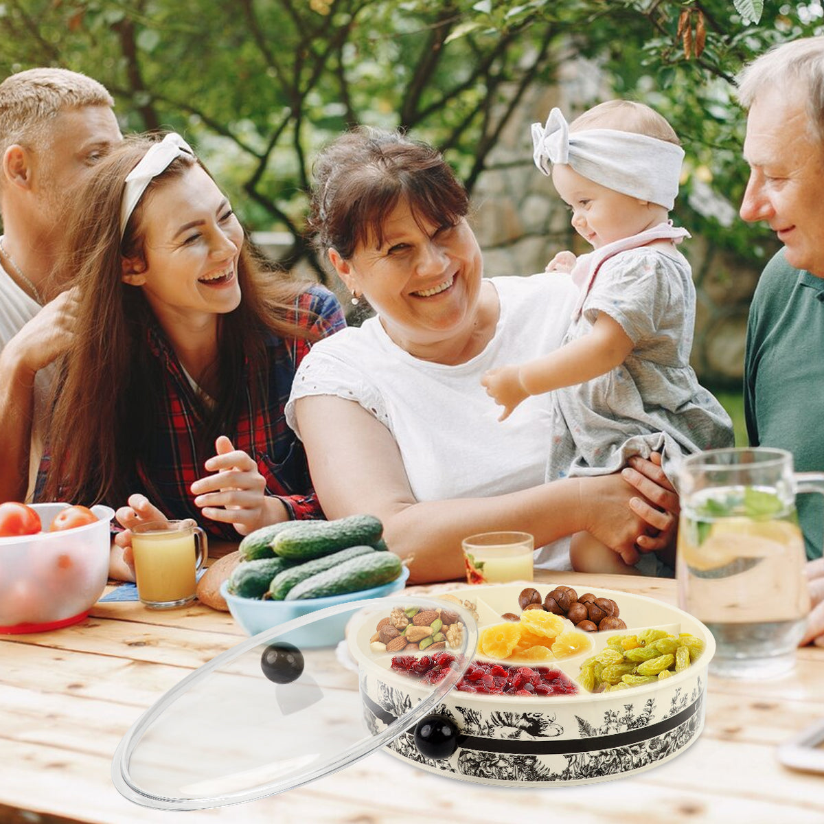 Supvox Dry Fruit Container 13 inches Round Snack Serving Tray with Lid 5 Compartments Design Elergant Kitchen Party Organizer Food Serving Tray for Deli, Snacks, Nuts, Tea Bag